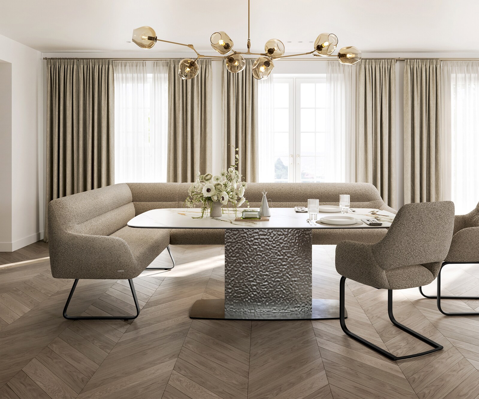 Eetkamerbank Taya-Flex 285x190 cm bouclé mud platte sledebasis zwart pocketvering rechts 1