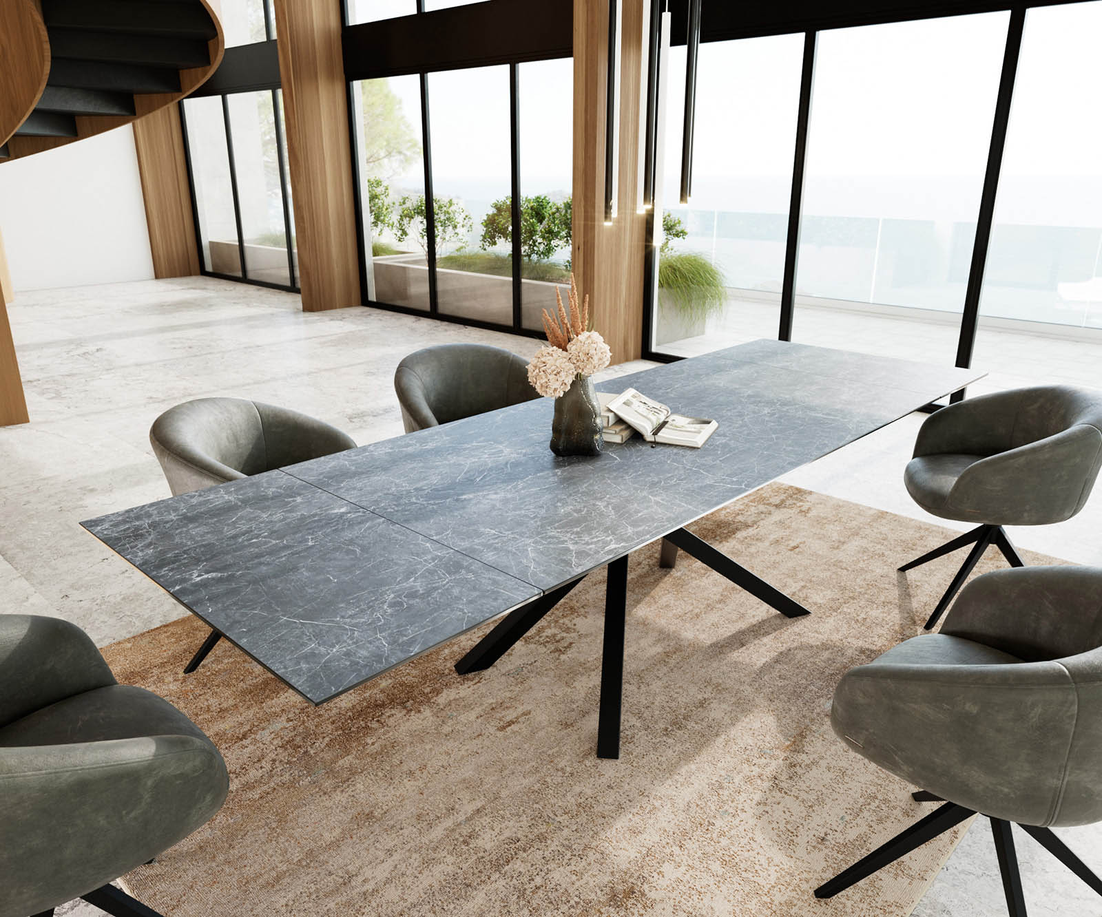 Eetkamertafel Edge 200-300x100 keramiek Laminam®Nero Greco grijs kruisframe rechthoek zwart uitschuifbaar 1