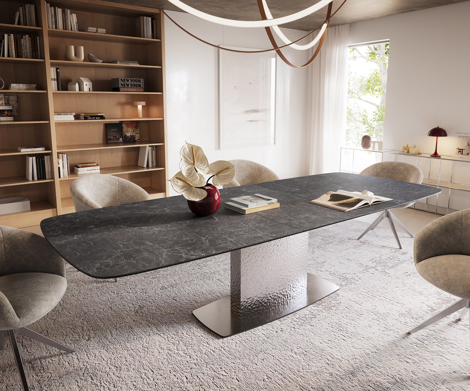 Eettafel Edge Boot 240-300x120 cm Keramiek Laminam® Nero Greco Anthrazit Wave Roestvrij staal uitschuifbaar 1