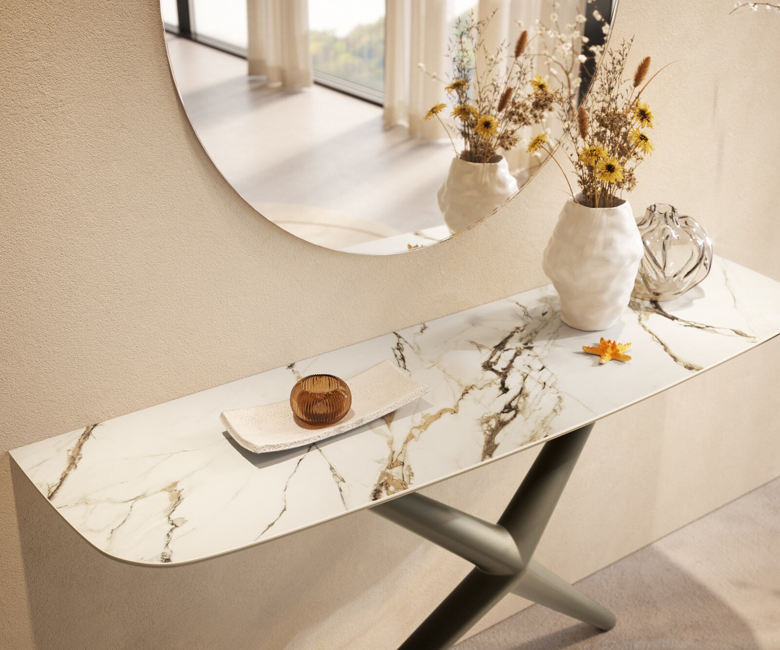 Consoletafel Edge Bootvorm 140x40 cm Keramiek Calacatta Luxe Weiß-Gold-Grijs Estelo Metaal Effektfinish Titan 6