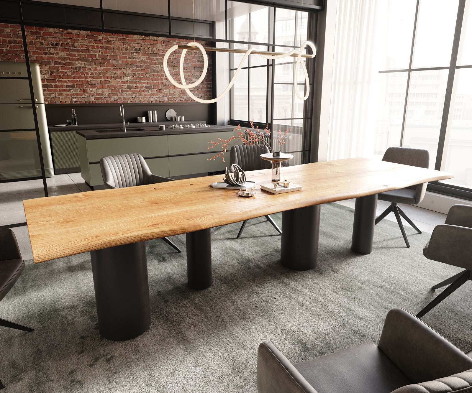 Eettafel Edge 300x100x4 eiken natuur Pilier metaal zwart Live-Edge