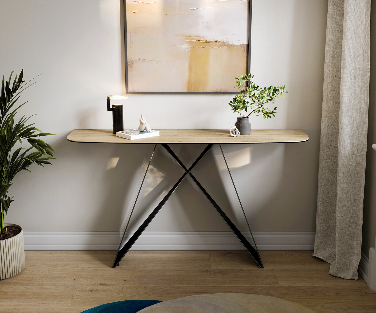 Consoletafel Edge Bootvorm 140x40 cm Keramiek Laminam® Sabbia Eichefarbig Velio Metaal Zwart 1