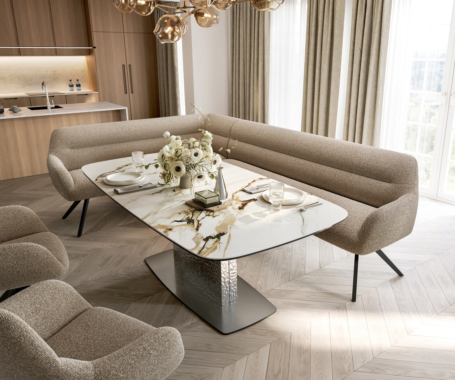 Eetkamerbank Taya-Flex 285x190 cm bouclé mud hoekig kruisframe zwart pocketvering rechts 1