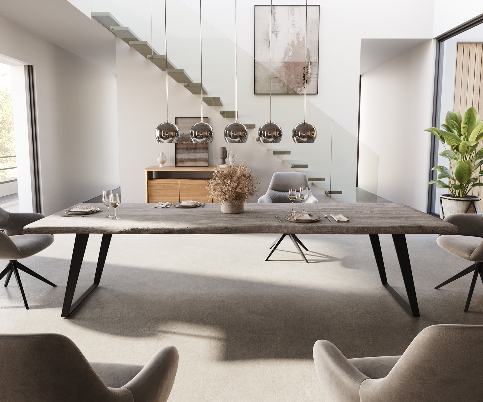 Eettafel Edge 300x100 XL acacia platina metaal schuin Live-Edge 1 Eettafel Edge 300x100 XL acacia platina metaal schuin Live-Edge 1