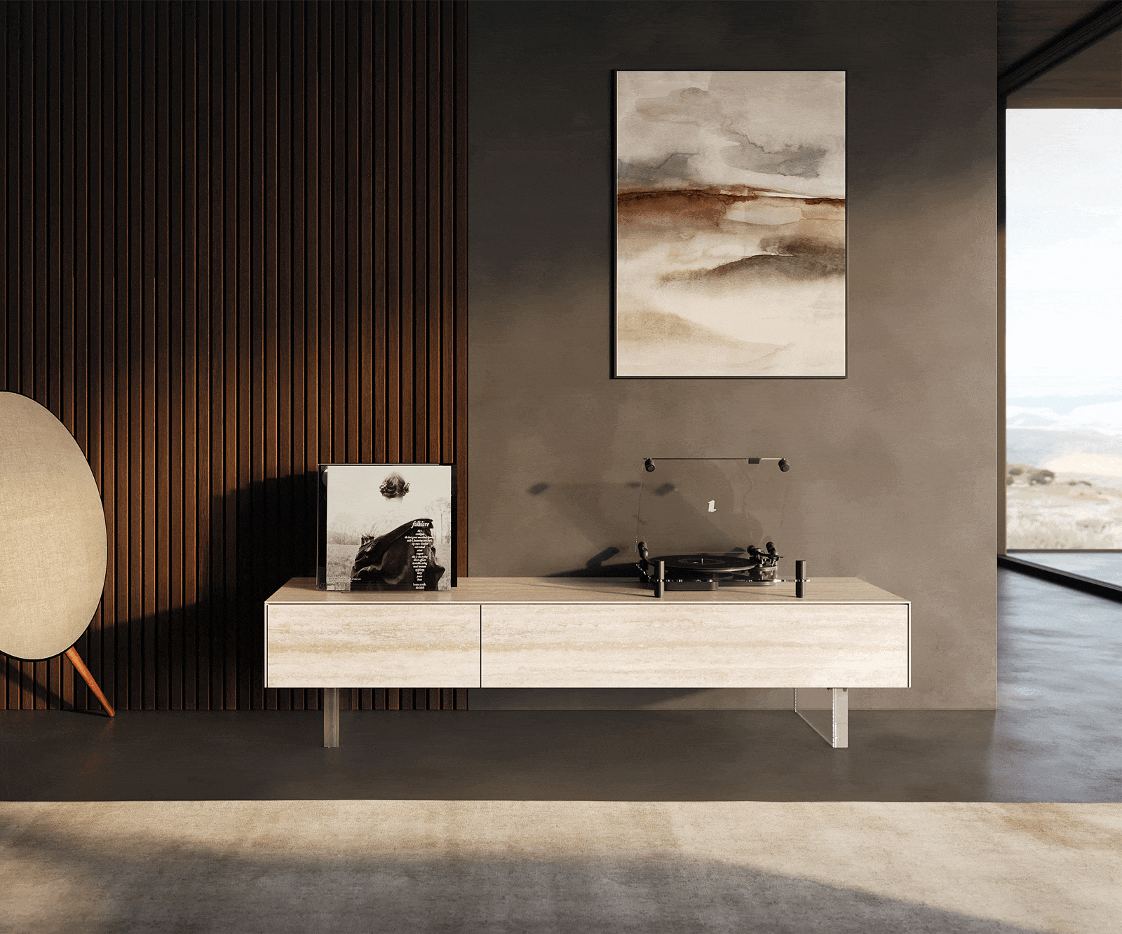Tv-meubel Cuor 150 cm Keramiek Laminam® Travertino Bianco Crème-wit 1 Flap 1 Lade Zwevende voet look Acrylglas 1