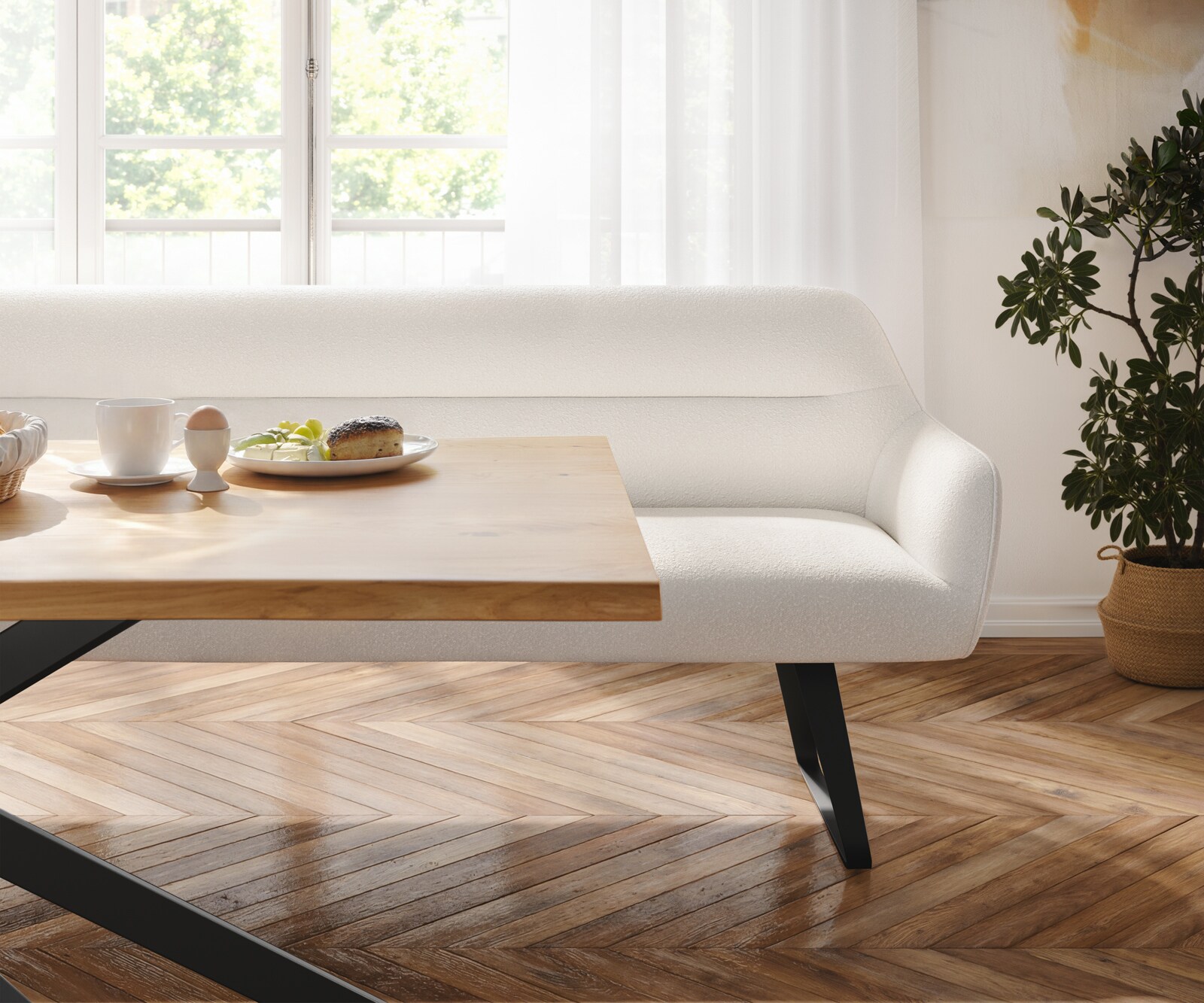 Eetkamerbank Taya-Flex 200 cm bouclé crème-wit platte sledebasis zwart pocketvering 3