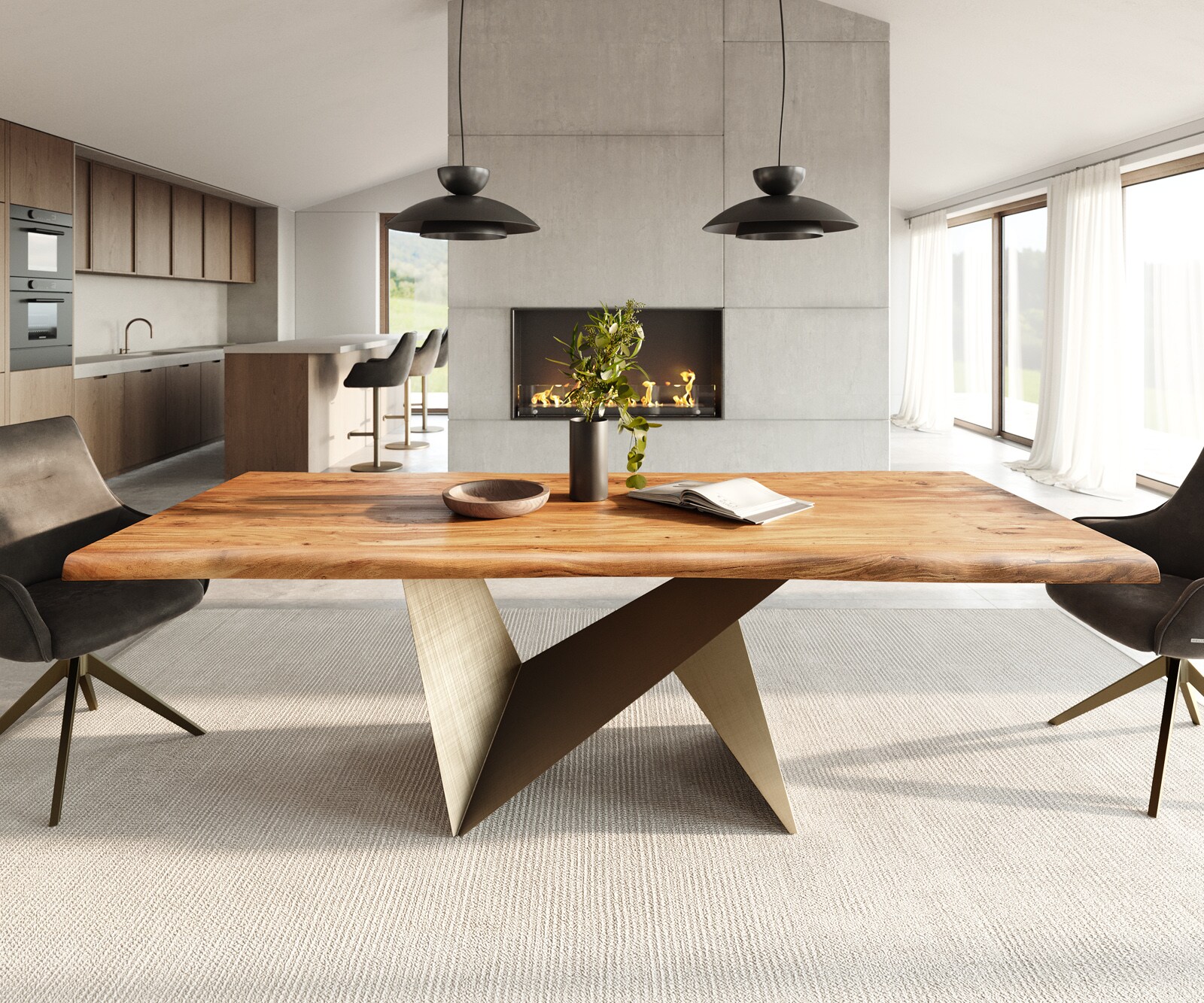Eettafel Edge 240x100 acacia natuur Origami metaal goud Live-Edge 2