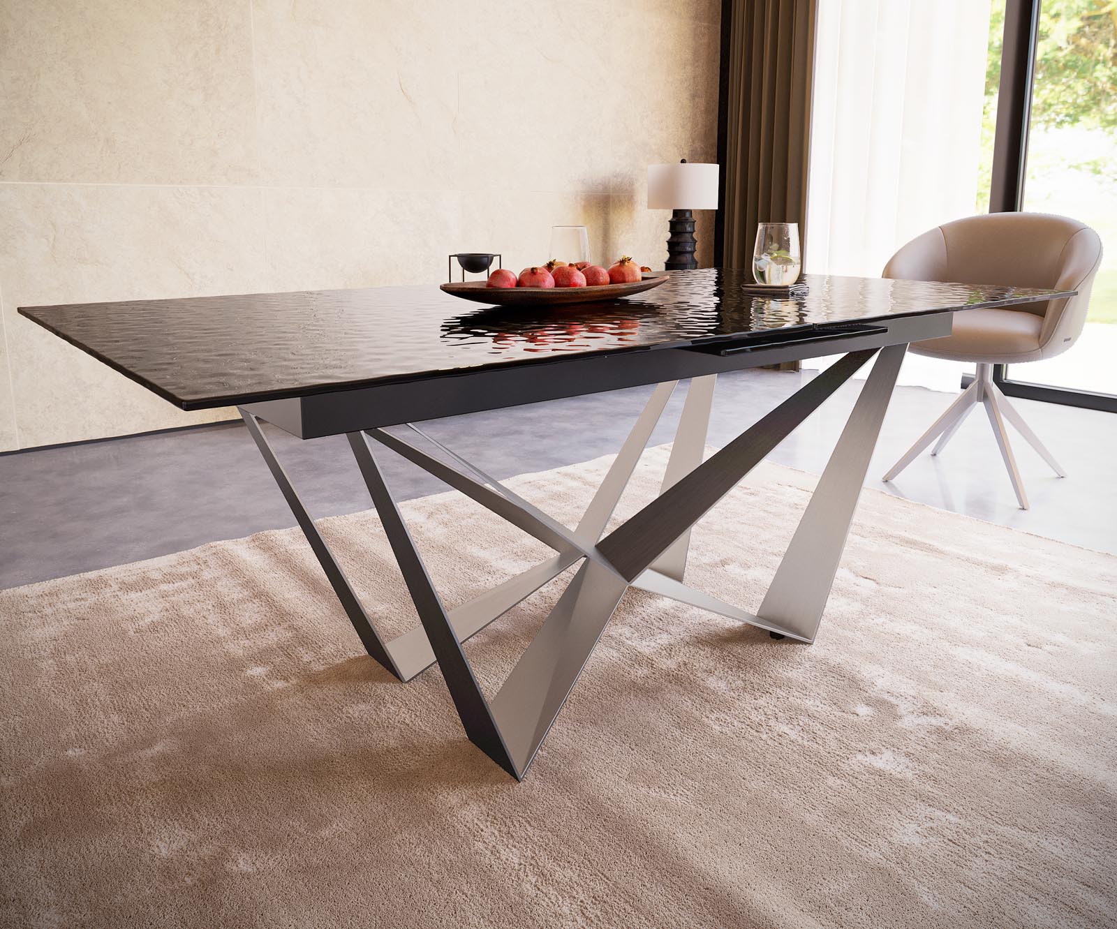 Eetkamertafel Edge 180-220x100 Glas smelten rokerig zwart 3D-Relief spider vlak staal RVS uitschuifbaar 4 Eetkamertafel Edge 180-220x100 Glas smelten rokerig zwart 3D-Relief spider vlak staal RVS uitschuifbaar 4