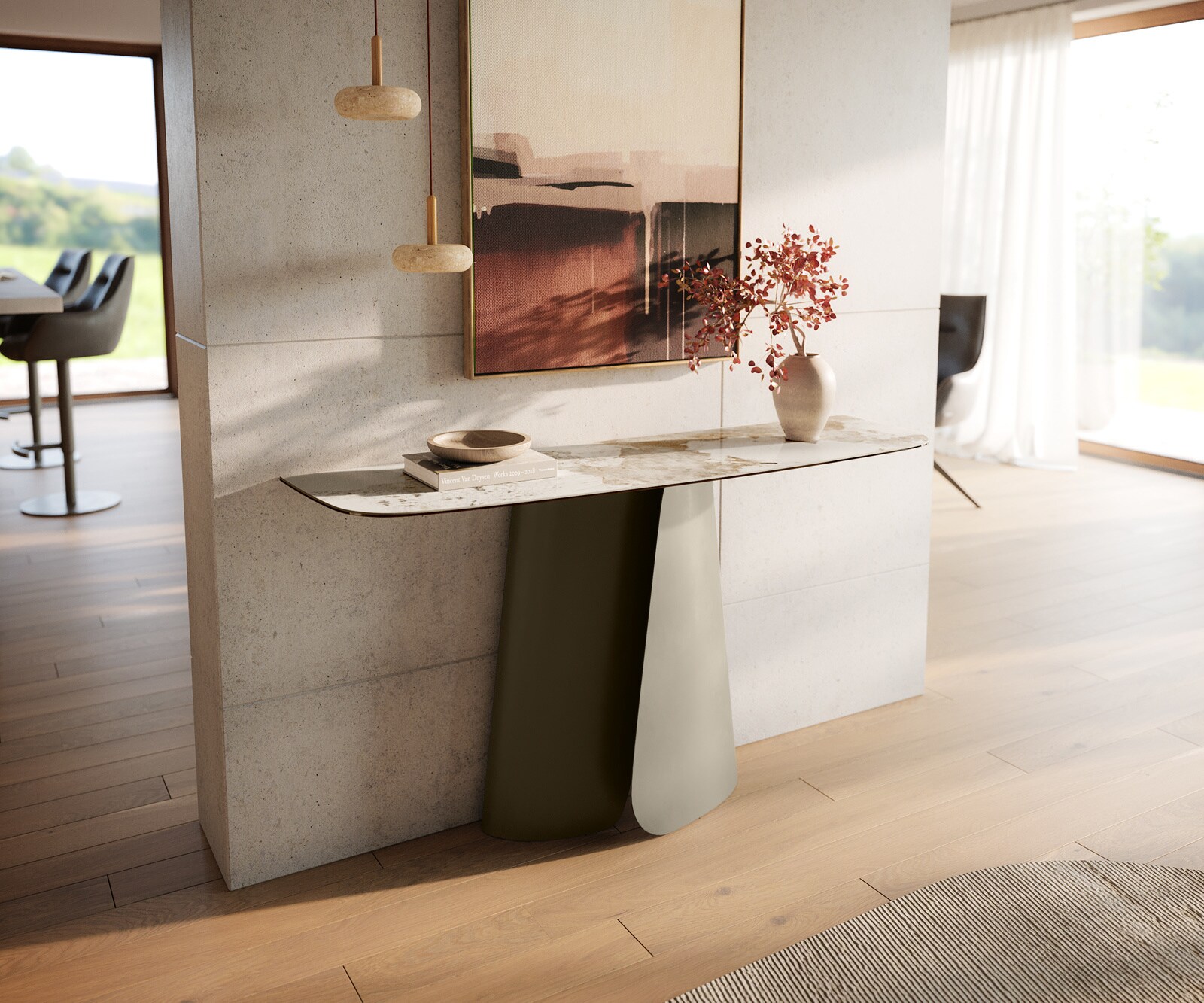 Consoletafel Edge Bootvorm 140x40 cm Keramiek Minas Melange Weiß-Beige Livos Metaal Effektfinish Titan 1