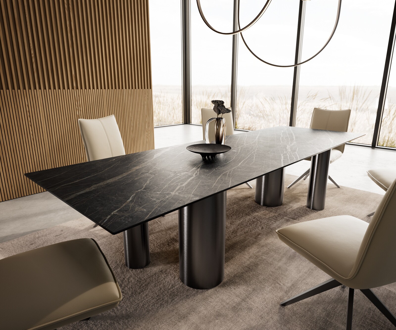 Eetkamertafel Edge 300x100 keramiek Laminam®Noir Desir bruin Pilier roestvrij staal grafiet 8
