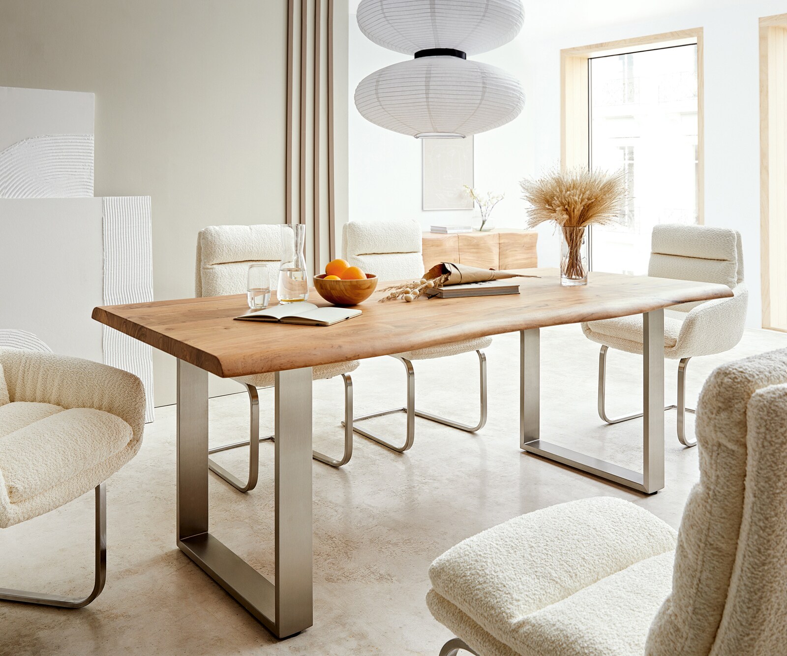 Eettafel Edge 200x100 XL acacia natuur roestvrijstaal smal Live-Edge