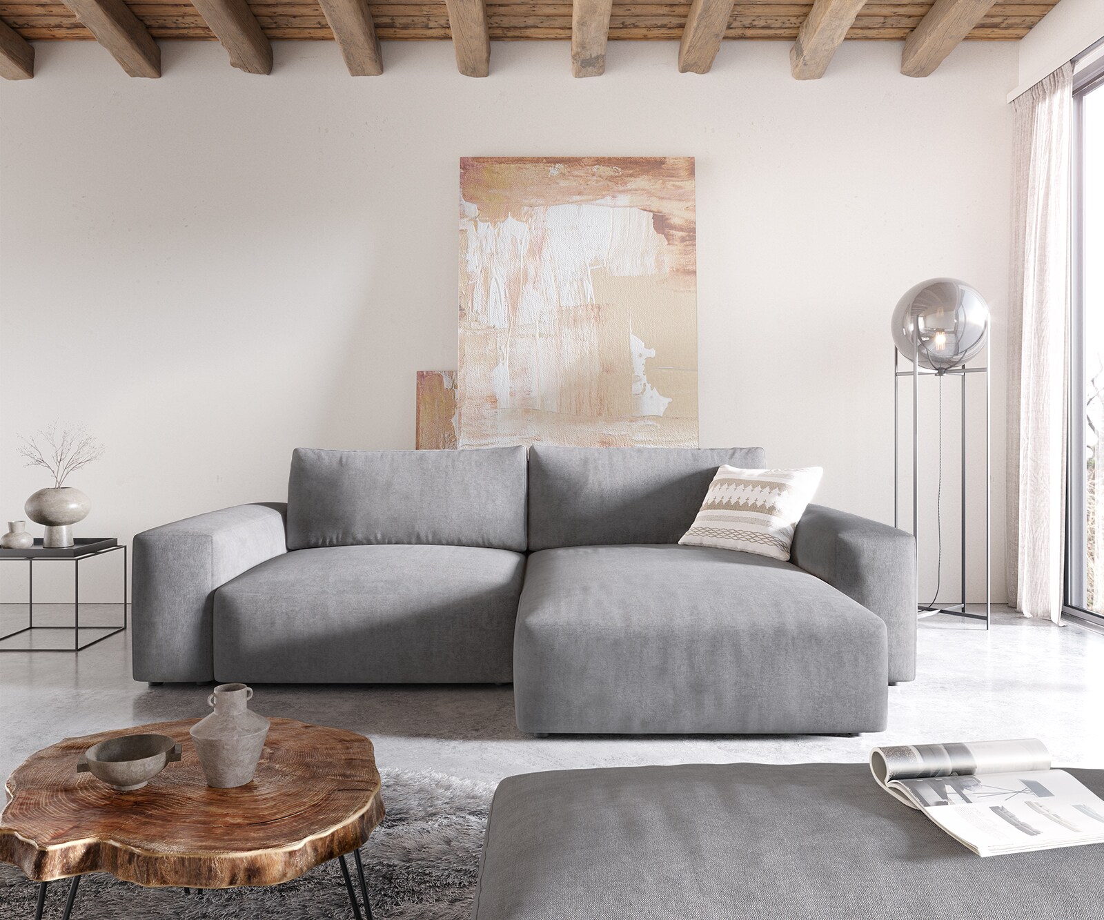 Hoekbank Lanzo XL 270x180 cm microvezel Grijs Recamiere variabel met poef 1