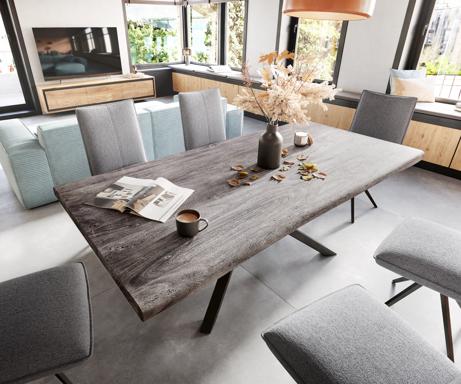 Eettafel Edge 200x100 XL acacia platina Kreuzframe rechthoek zwart Live-Edge 3 Eettafel Edge 200x100 XL acacia platina Kreuzframe rechthoek zwart Live-Edge 3