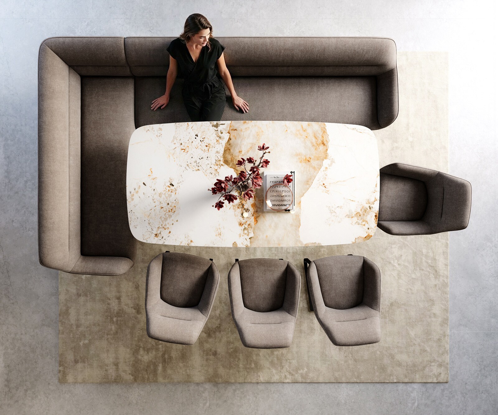 Eetkamerbank Taya-Flex 285x190 cm zachte stof met structuur taupe platte sledebasis zwart pocketvering rechts 6