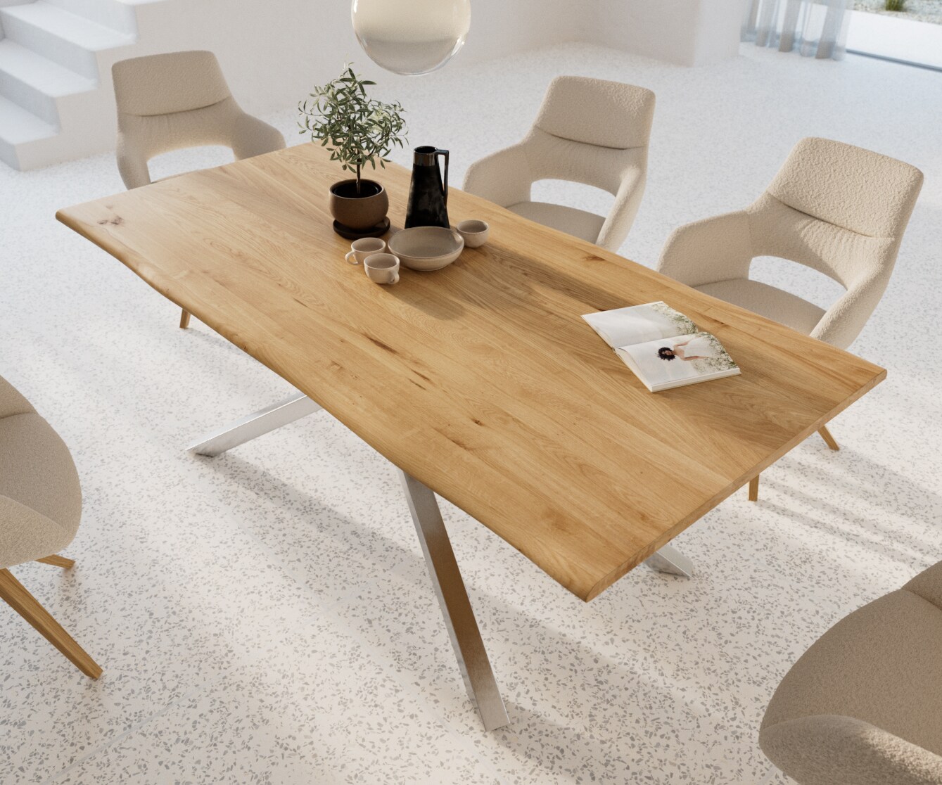 Eettafel Edge 200x100x2,5-3 eiken natuur kruisframe rechthoek roestvrij staal  Live-Edge 3