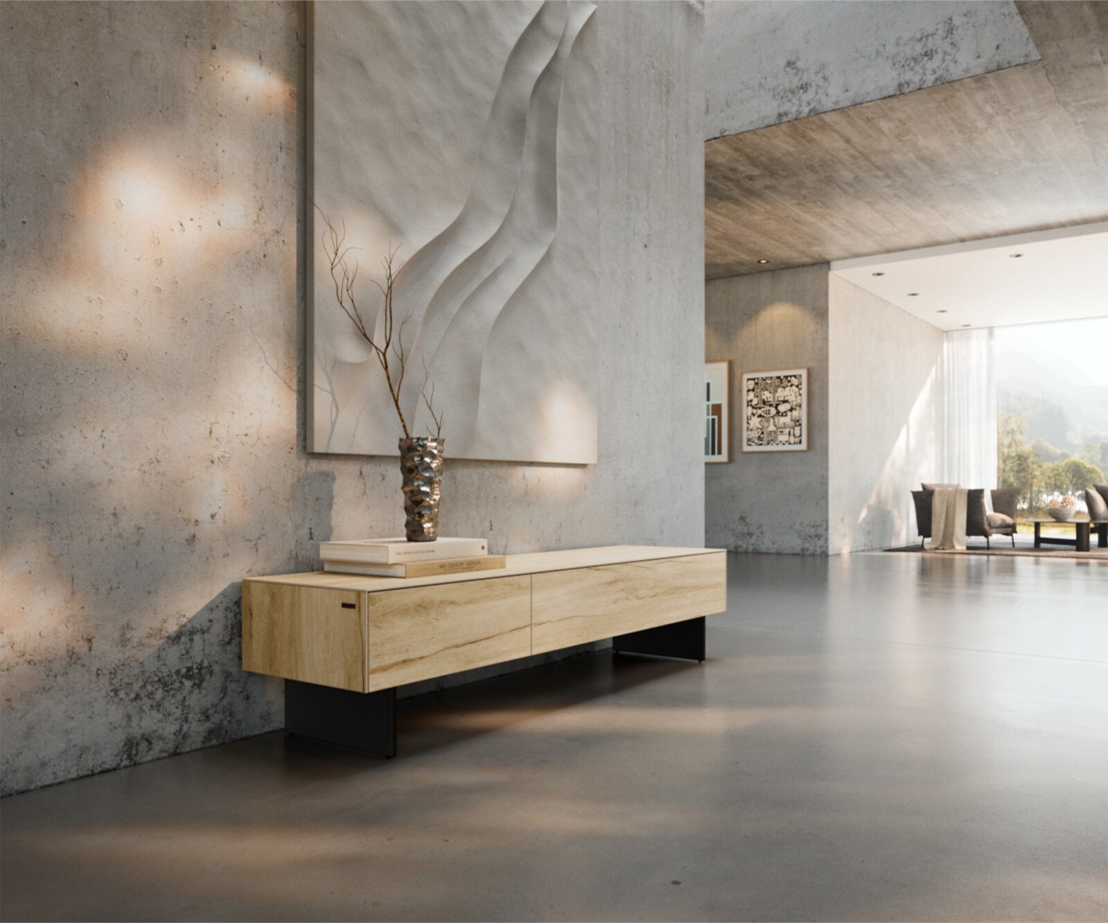 Tv-meubel Cuor 150 cm Keramiek Laminam® Sabbia Eiken gekleurd 1 Flap 1 Lade Zwevende voet look Metaal Zwart
