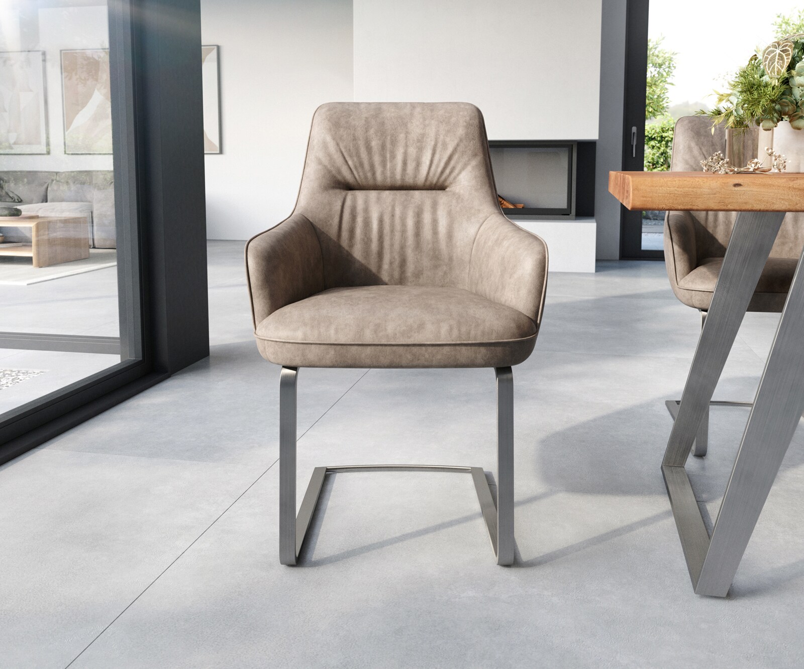 Sledemodel Zelia-Flex met armleuning microvelours taupe vintage sledemodel vlak roestvrij staal pocketveer kern 1
