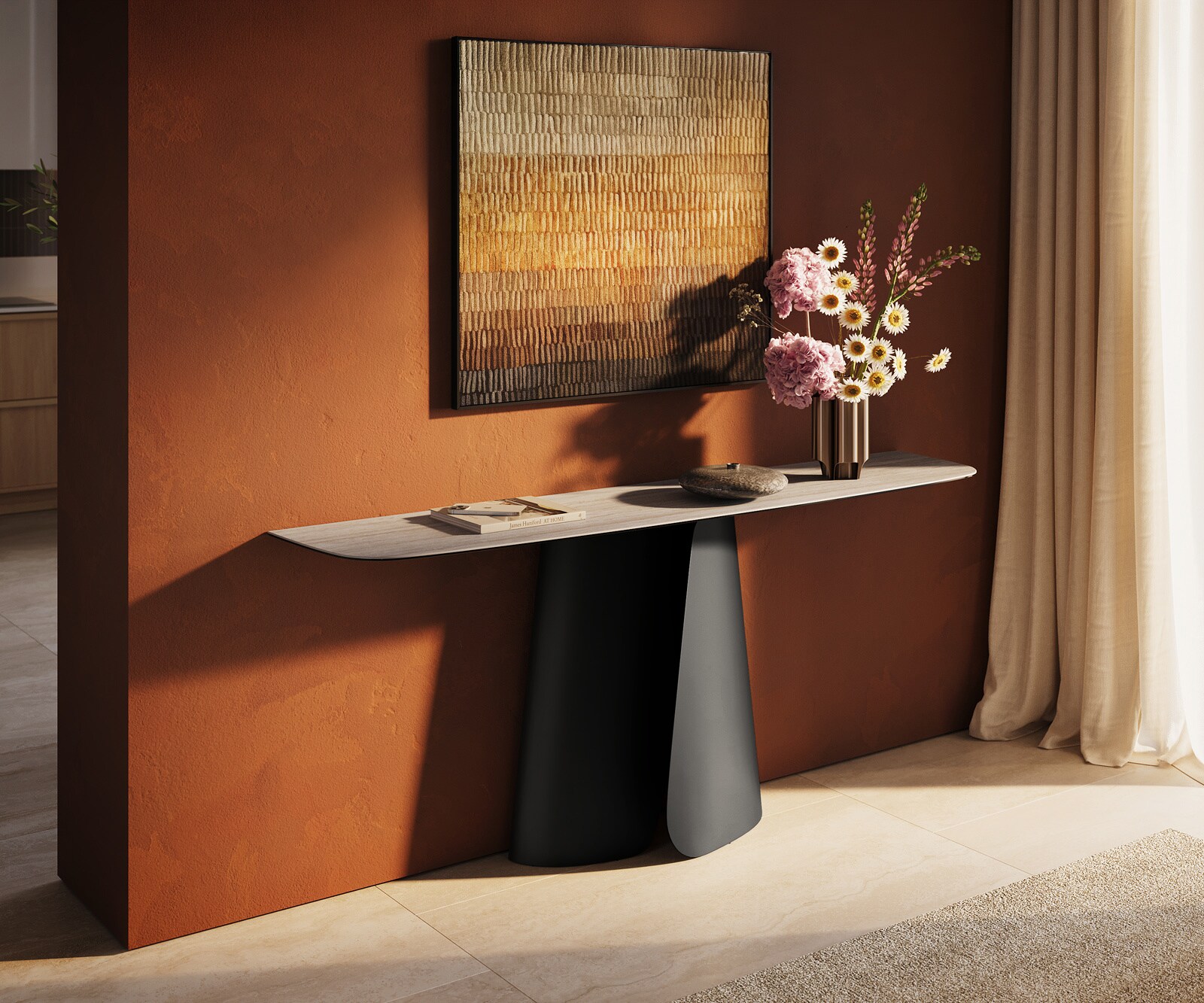 Consoletafel Edge Bootvorm 180x40 cm Keramiek Laminam® Travertino Bianco Creme-Weiß Livos Metaal Zwart 2