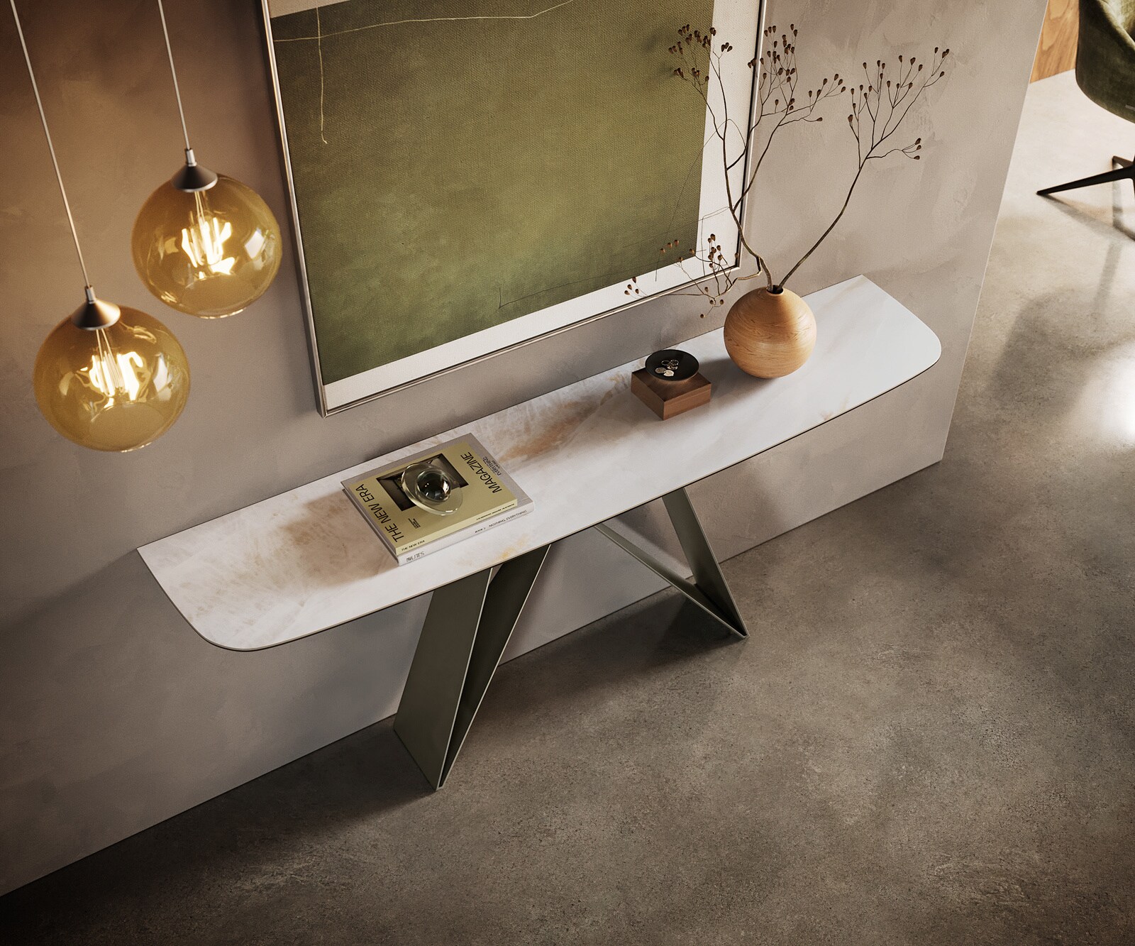 Consoletafel Edge Bootvorm 180x40 cm Keramiek Onyx Pearl Velio Metaal Effektfinish Titan 2