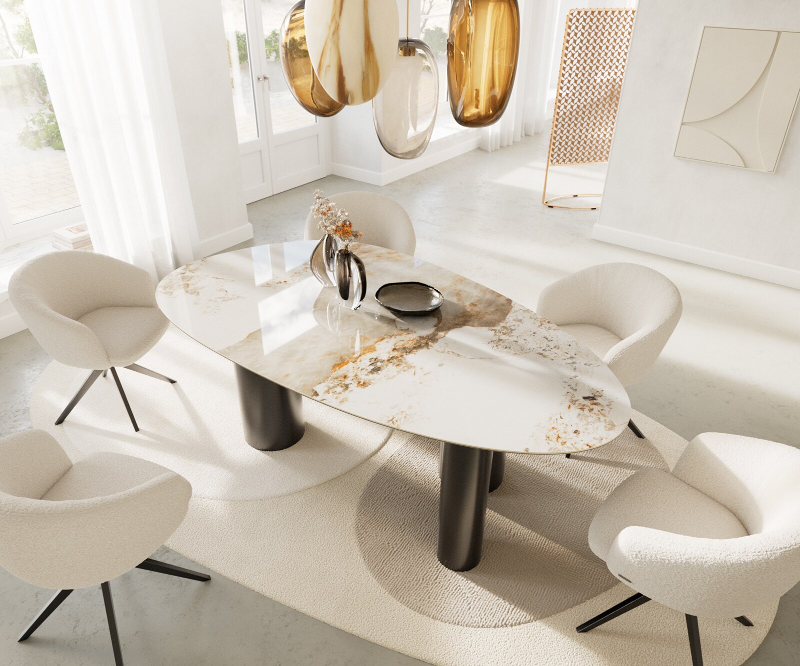 Eetkamertafel Edge ovaal 220x120 keramiek Minas Melange wit-Beige Pilier roestvrij staal grafiet 4
