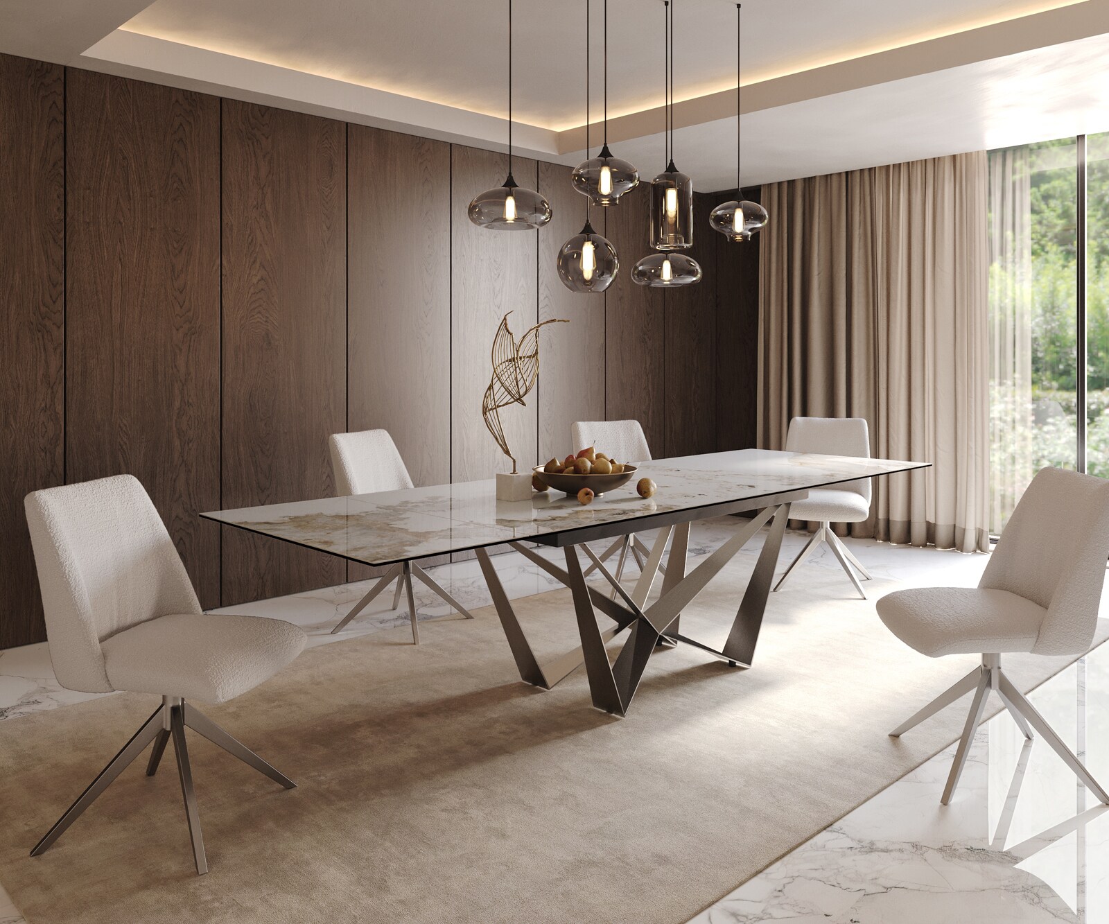 Eetkamertafel Edge 200-300x100 keramiek Minas Melange wit-beige spider vlak staal RVS uitschuifbaar 8