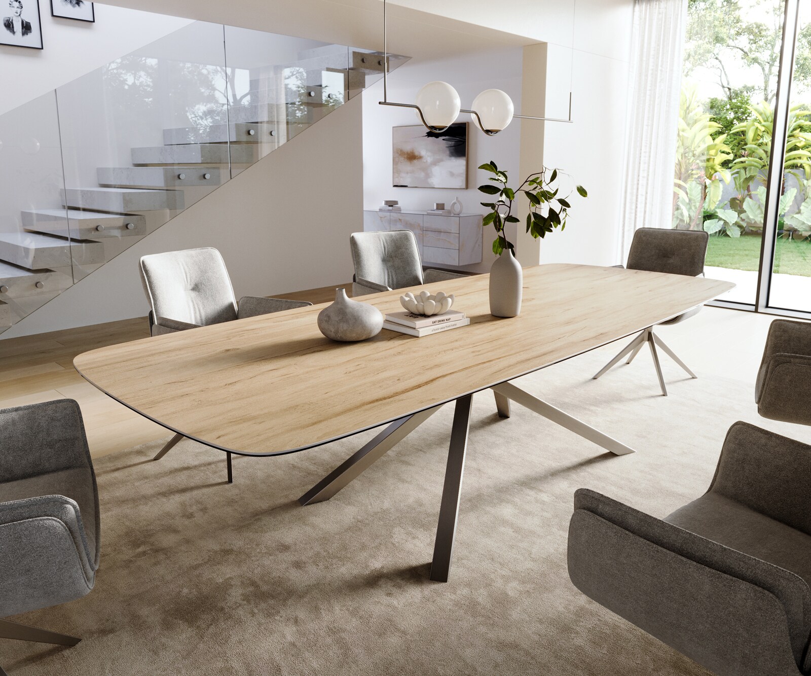 Eettafel Edge Boot 300x120 cm Keramiek Laminam® Sabbia Eichefarbig kruisonderstel Rechthoek Roestvrij staal Grafiet 1