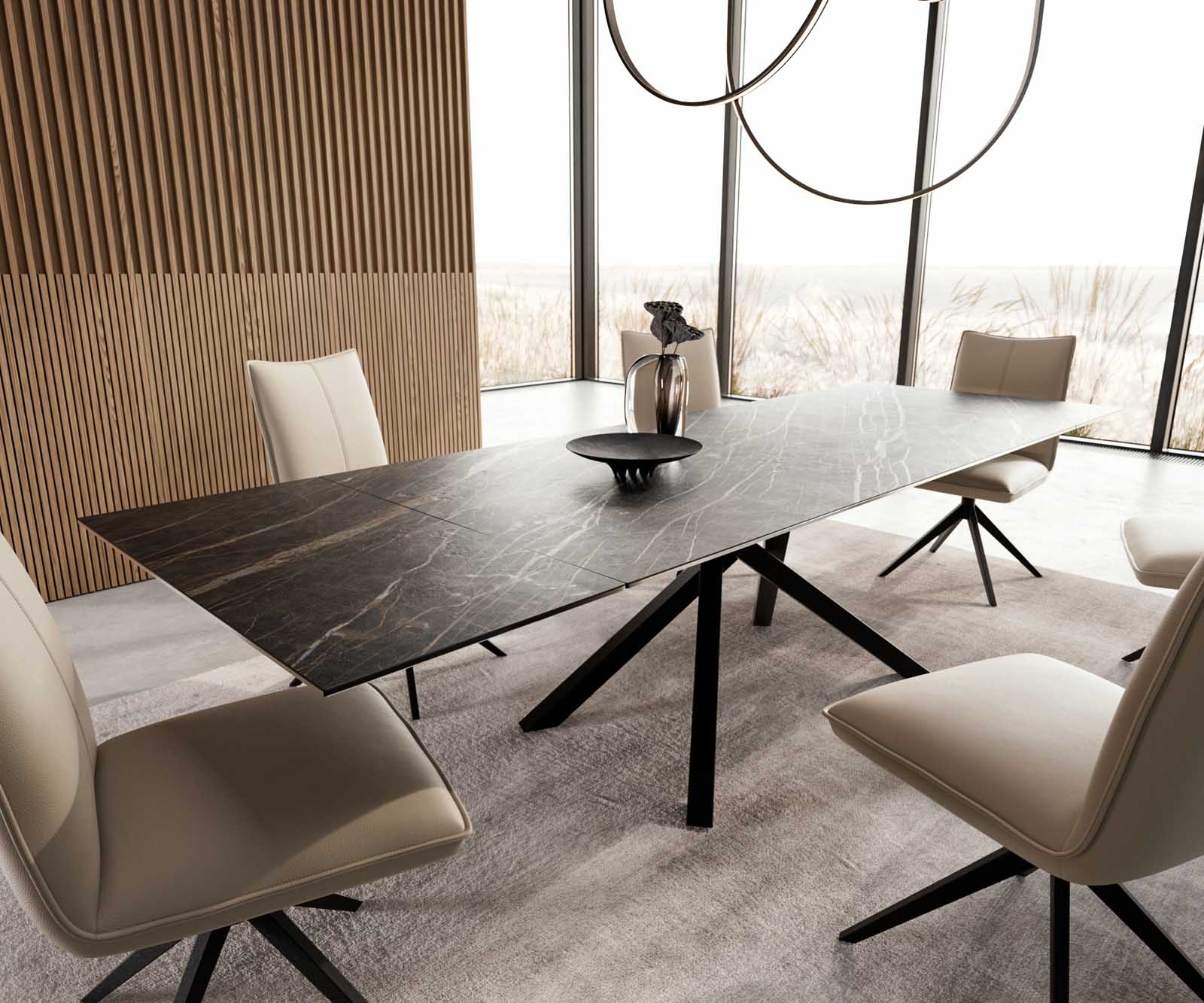 Eetkamertafel Edge 200-300x100 keramiek Laminam®Noir Desir bruin kruisframe rechthoek zwart uitschuifbaar