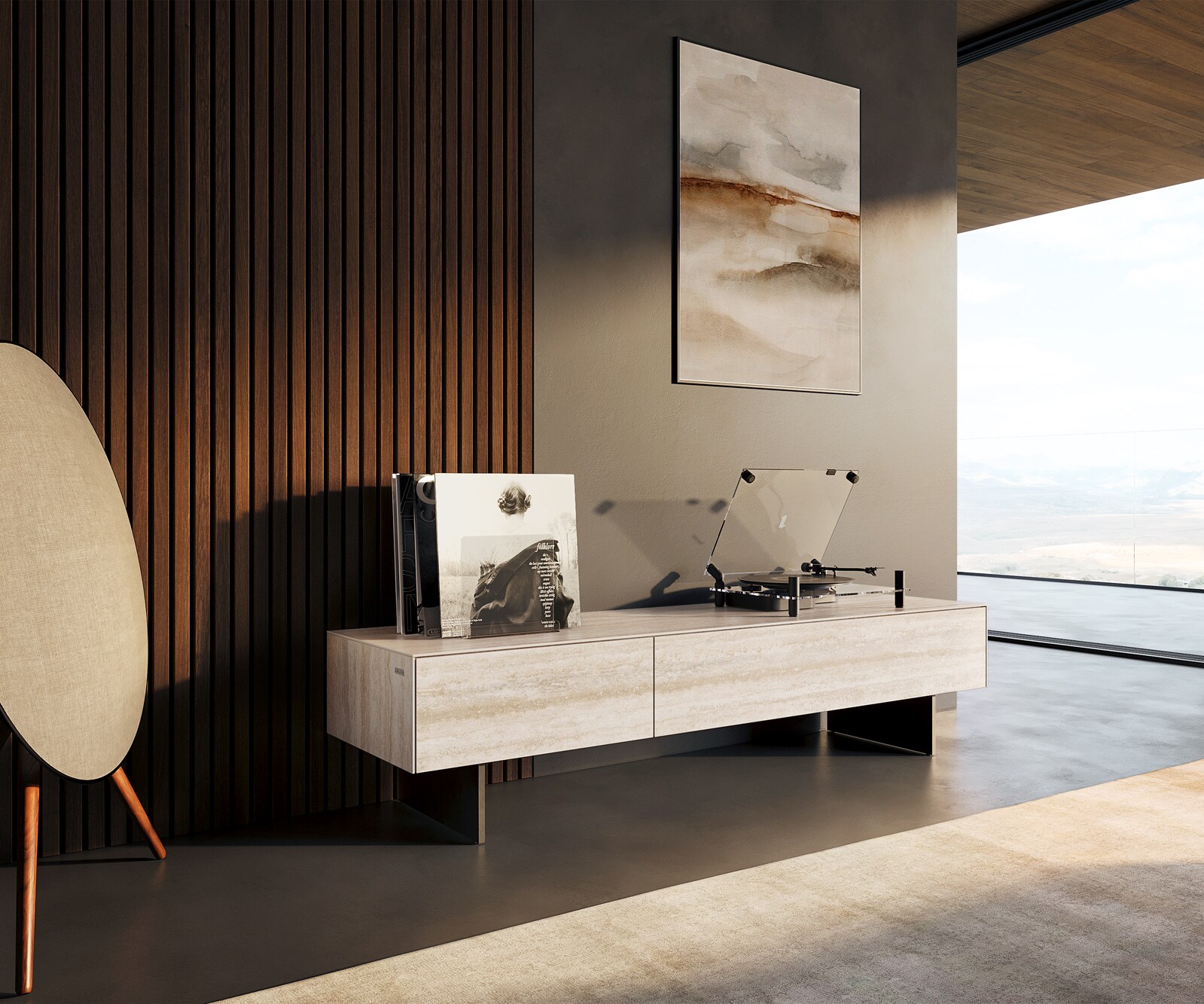 Tv-meubel Cuor 150 cm Keramiek Laminam® Travertino Bianco Crème-wit 1 Flap 1 Lade Zwevende voet look Metaal Zwart