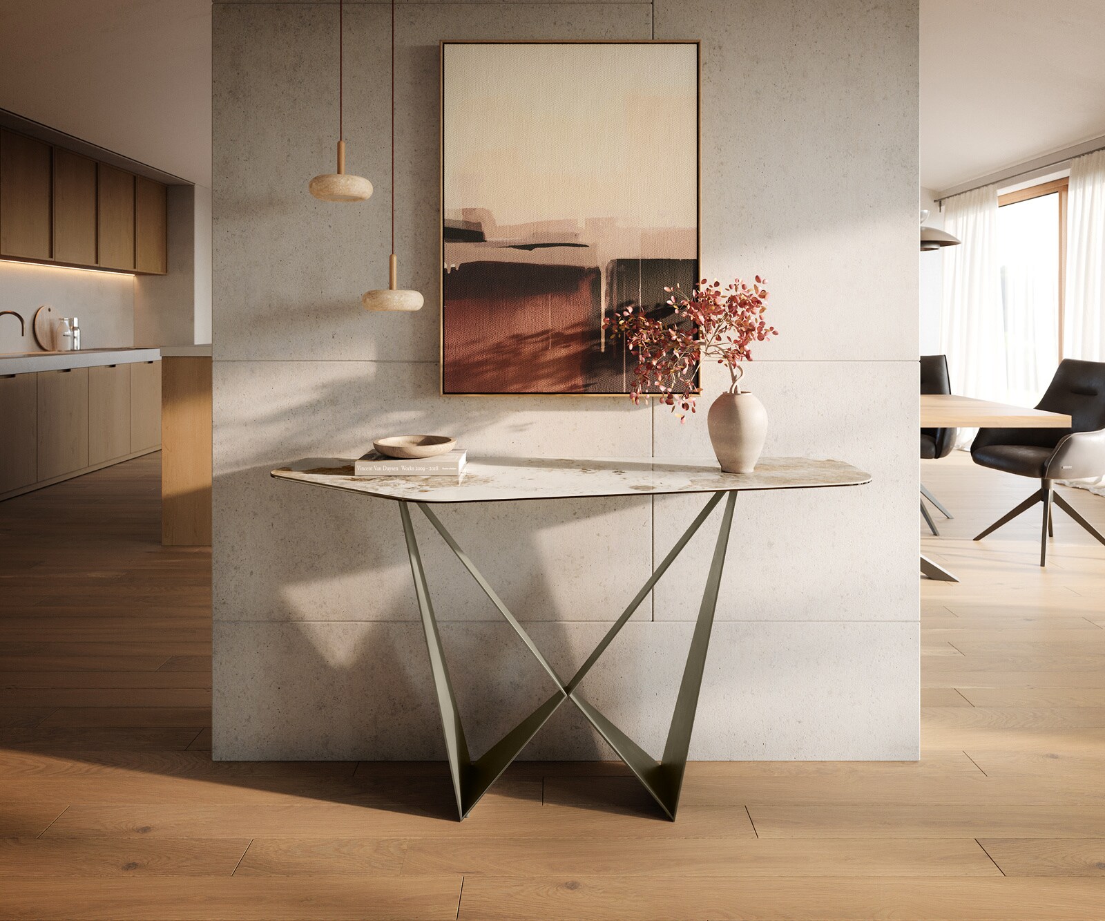Consoletafel Edge Polygonaal 140x50 cm Keramiek Minas Melange Weiß-Beige Spios Metaal Effektfinish Titan 4