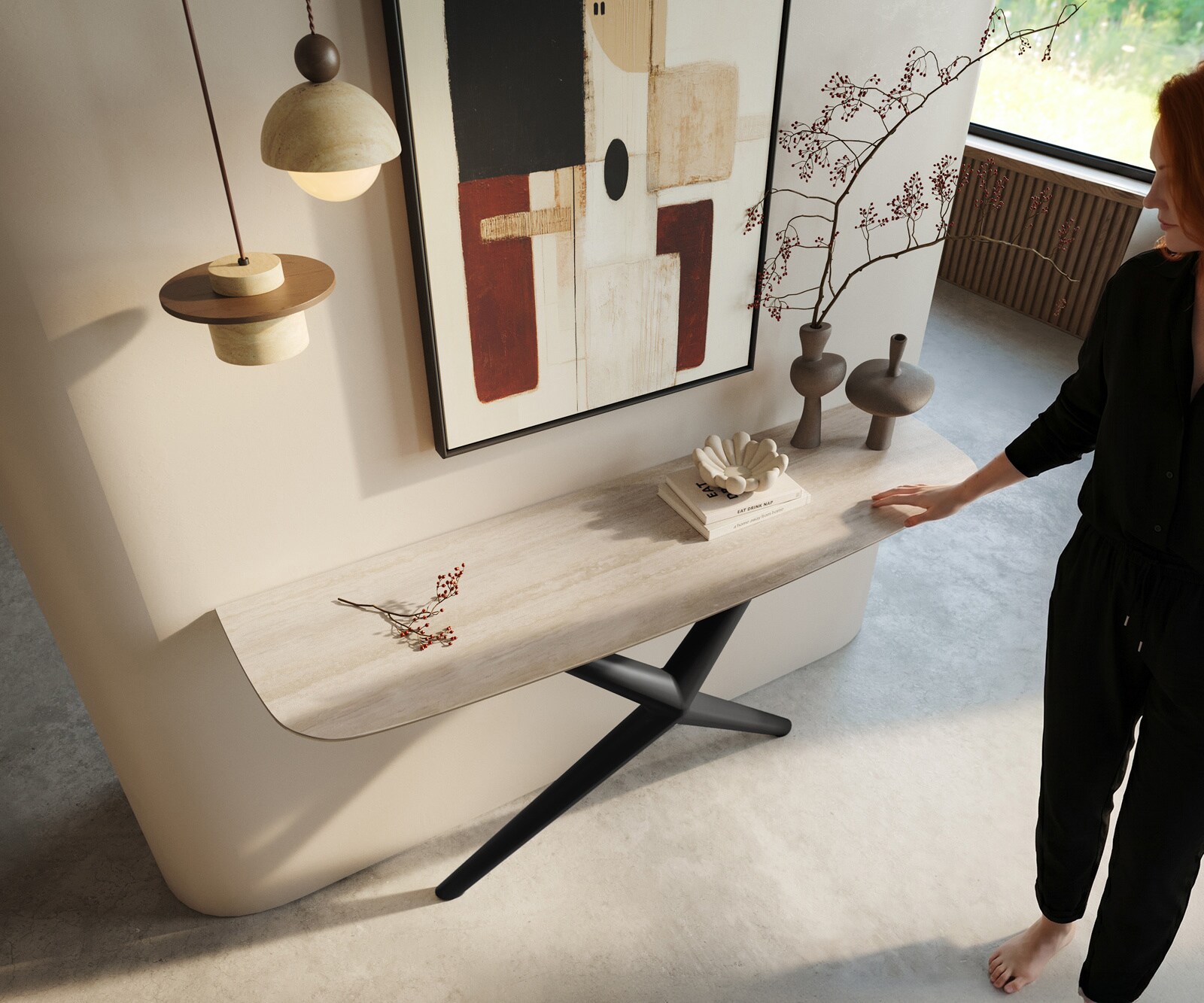 Consoletafel Edge Bootvorm 140x40 cm Keramiek Laminam® Travertino Bianco Creme-Weiß Estelo Metaal Zwart 2