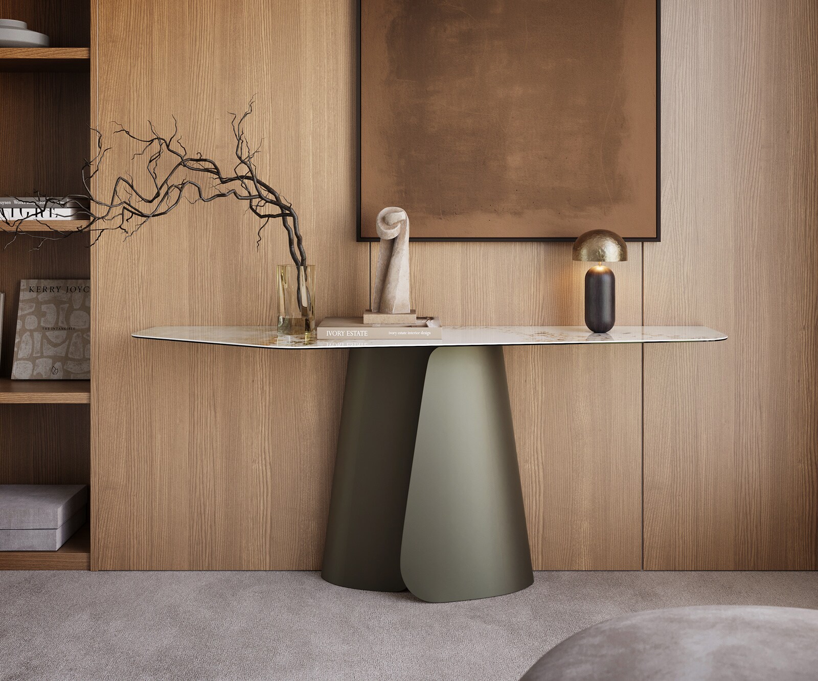 Consoletafel Edge Polygonaal 180x50 cm Keramiek Minas Melange Weiß-Beige Livos Metaal Effektfinish Titan 4