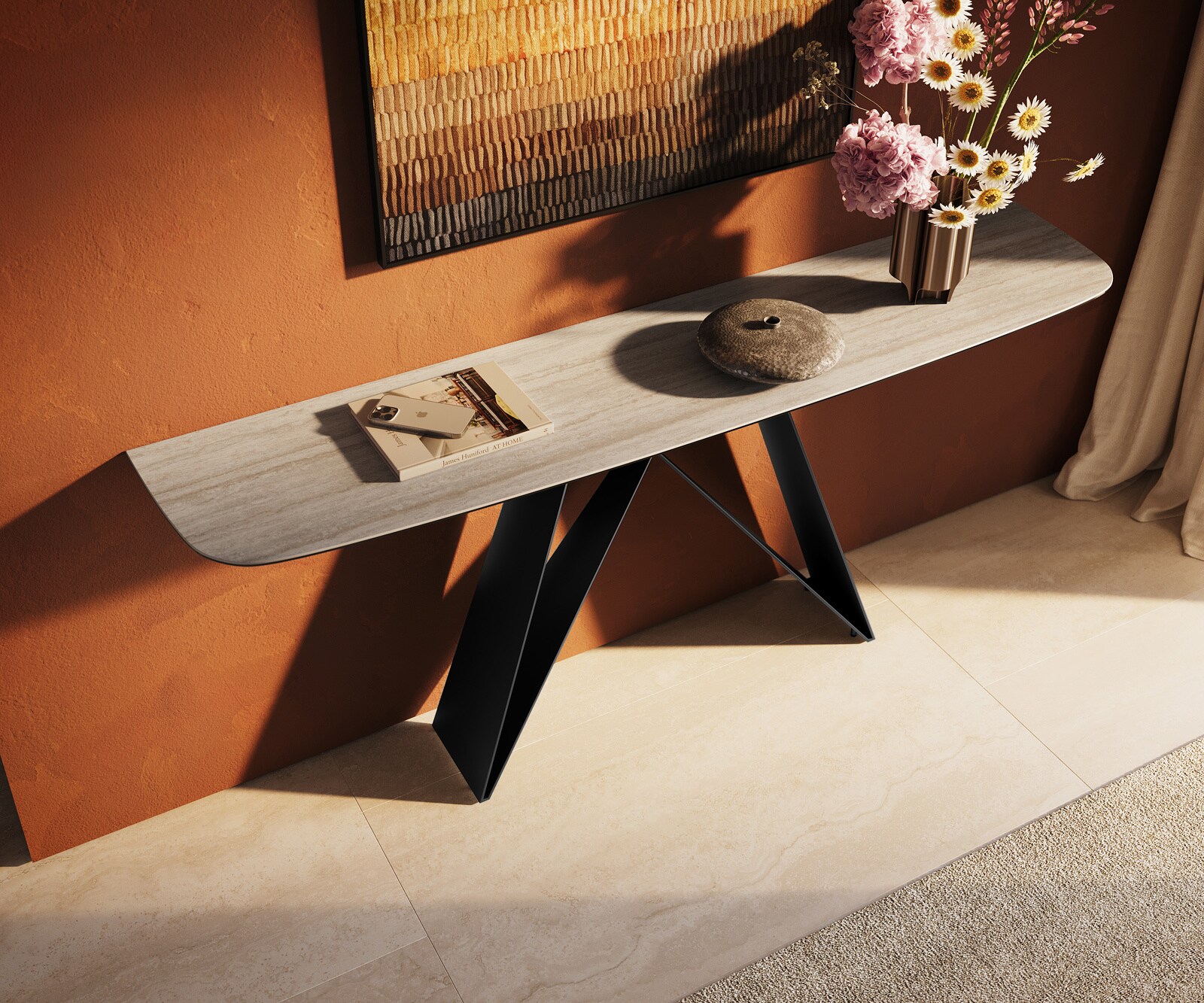 Consoletafel Edge Bootvorm 180x40 cm Keramiek Laminam® Travertino Bianco Creme-Weiß Velio Metaal Zwart 4