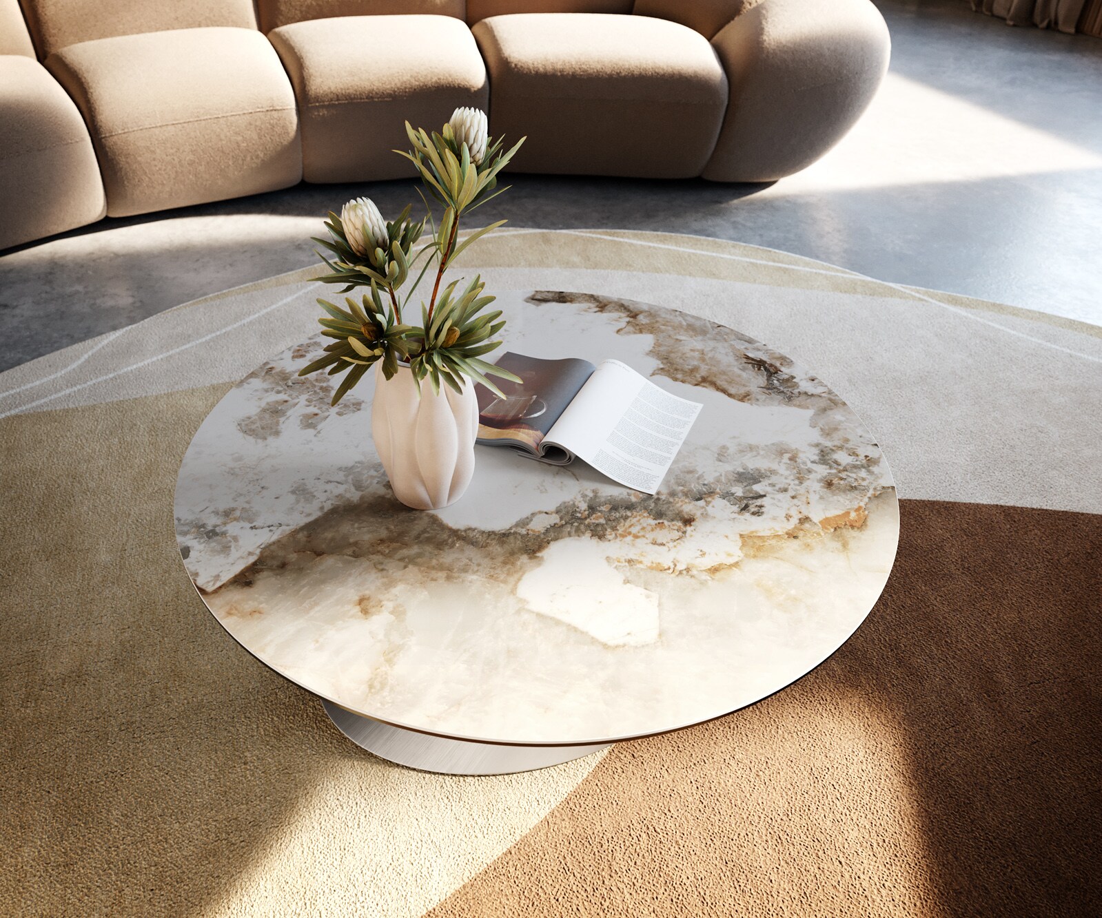 Salontafel Edge rond 90x90 cm keramiek Minas Melange Conis geborsteld roestvrij staal 2