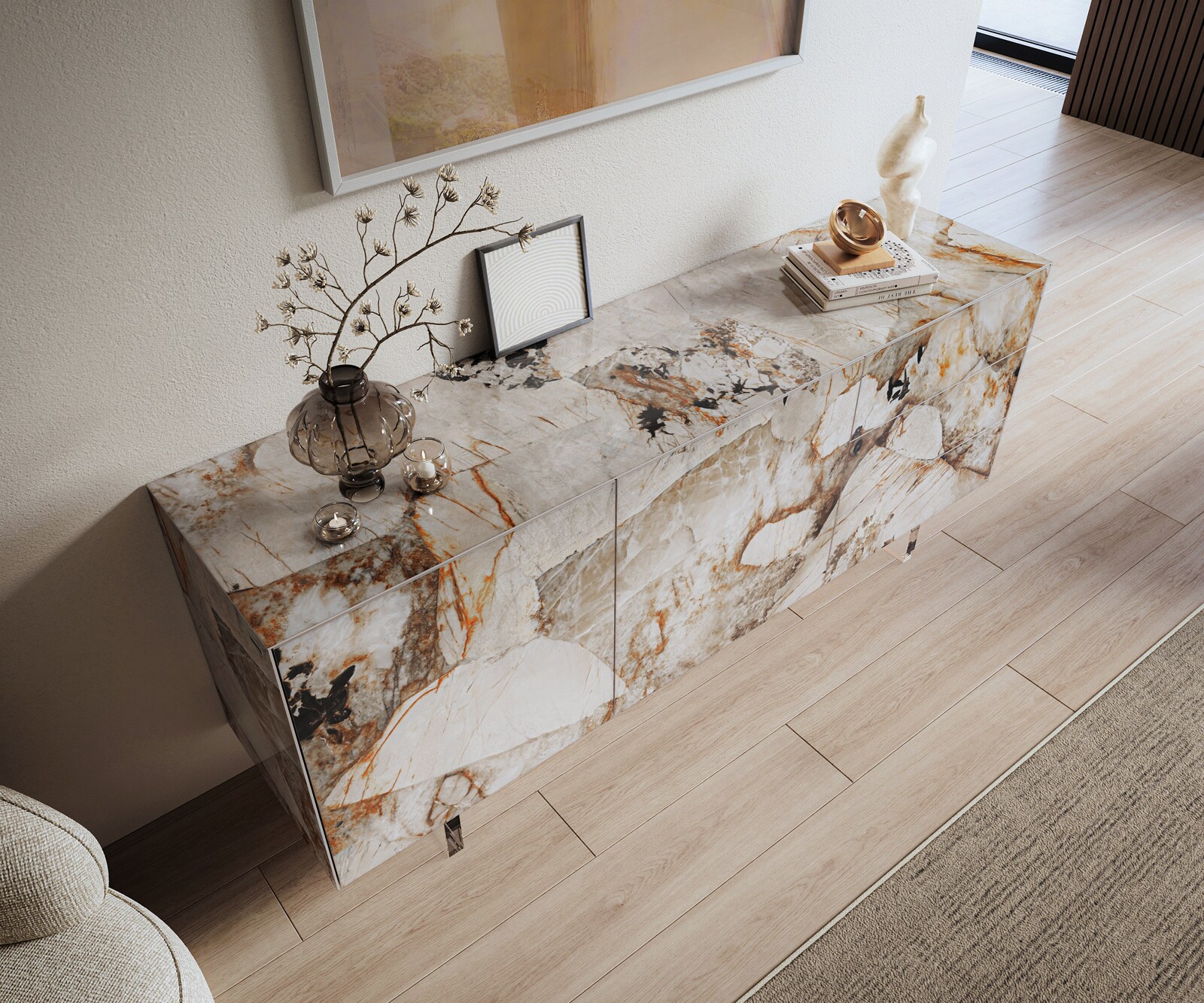 Dressoir Cuor 180 cm Keramiek Patagonia gepolijst 2 Deuren 3 Laden Zwevende voet look Acrylglas 4