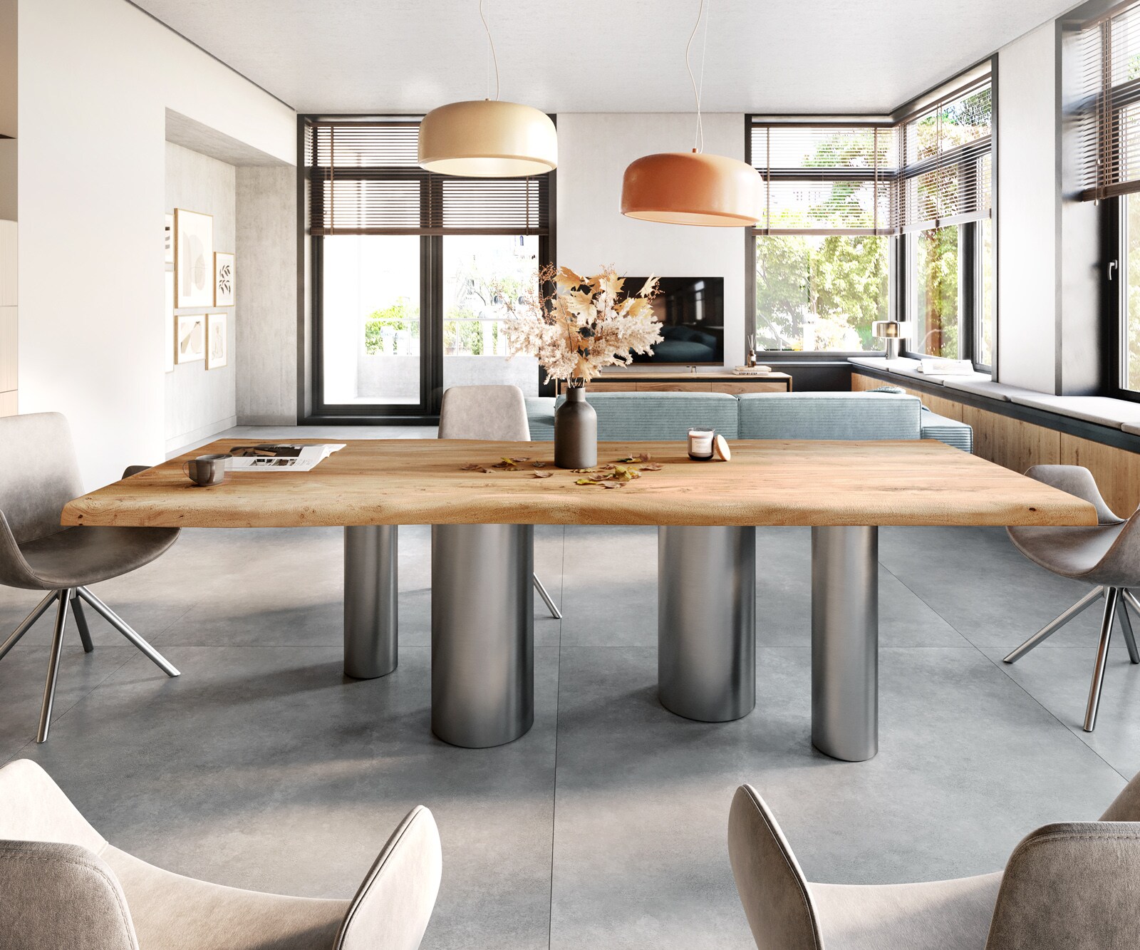 Eetkamertafel Edge 280x100 XL acacia natuurPilier roestvrij staal geborsteld Live-Edge 1