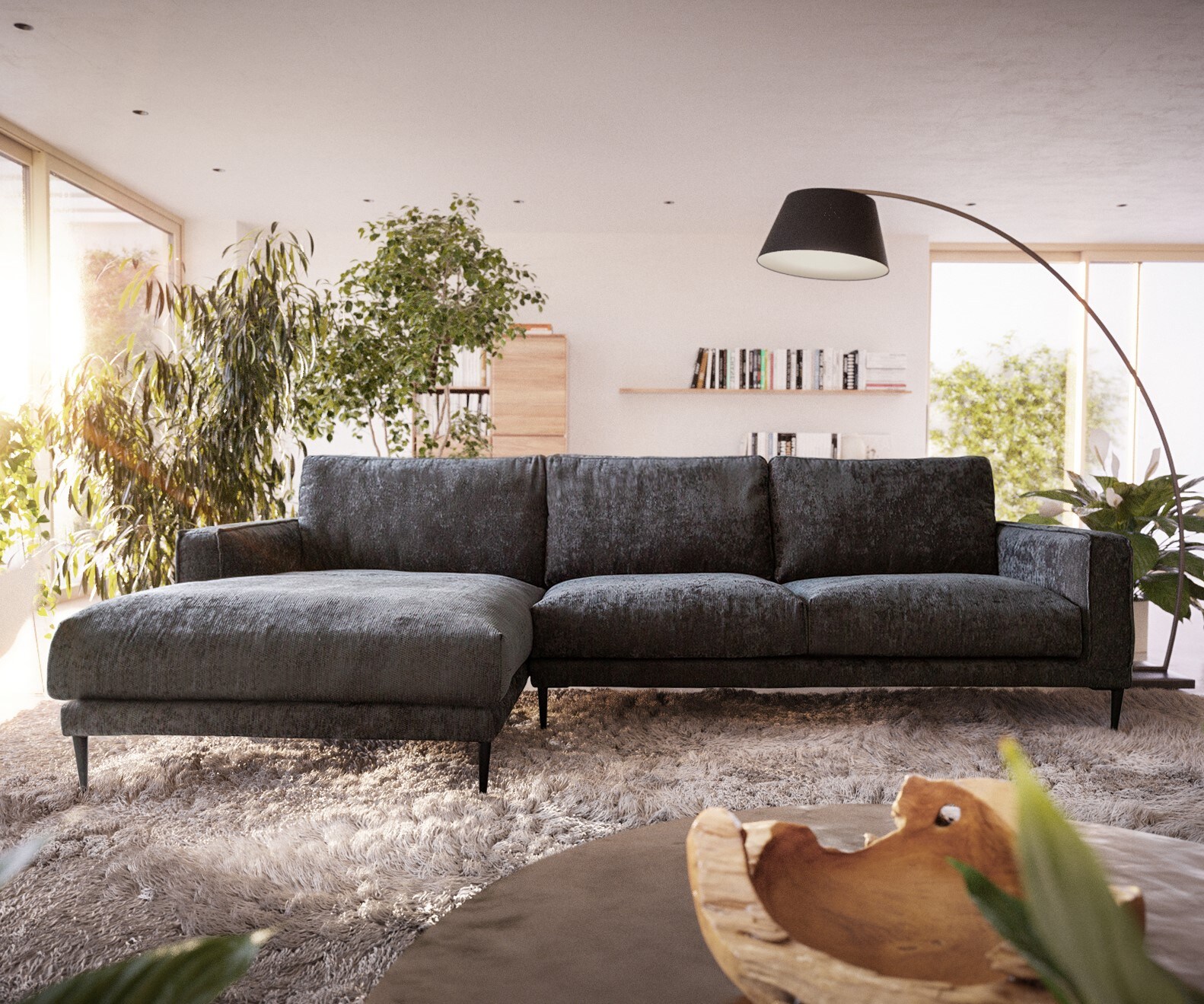 Hoekbank Sottil 290 x 165cm Chenille antraciet recamiere links 1