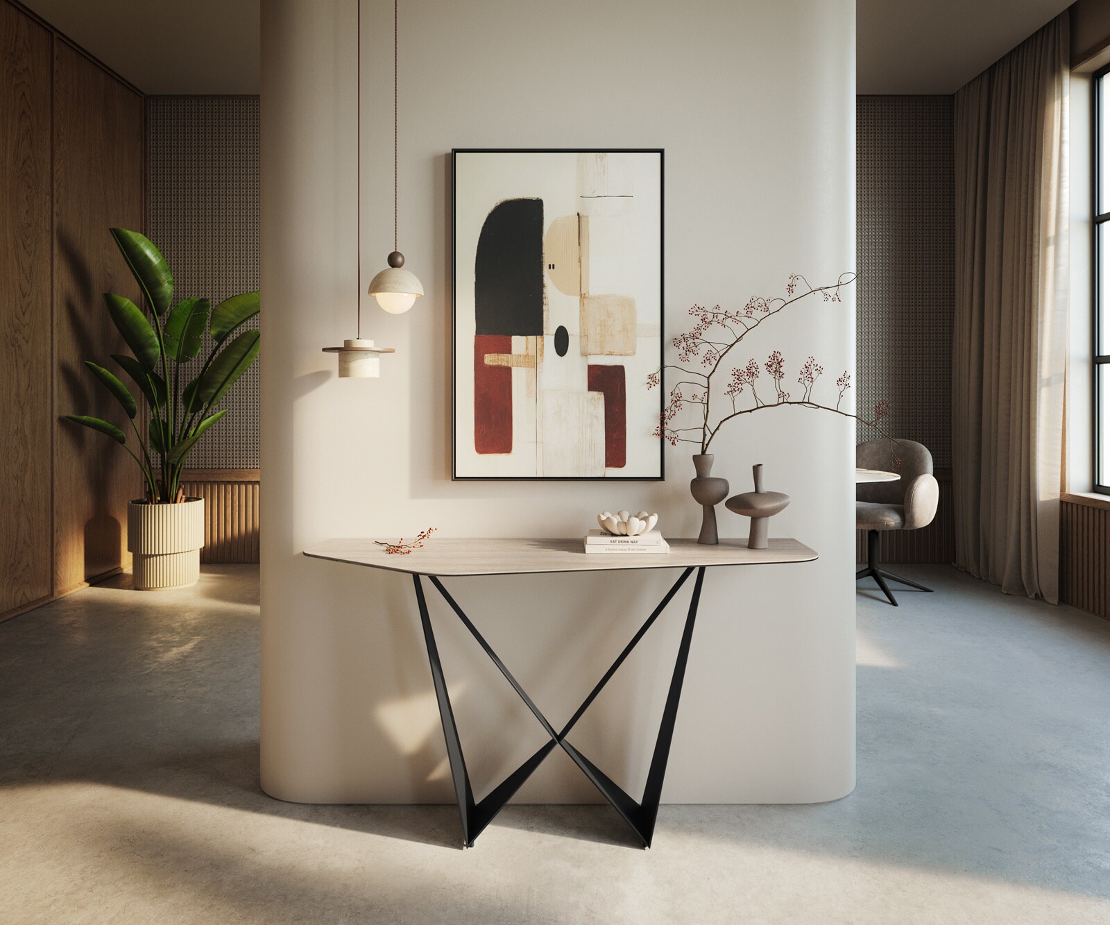 Consoletafel Edge Polygonaal 140x50 cm Keramiek Laminam® Travertino Bianco Creme-Weiß Spios Metaal Zwart 4