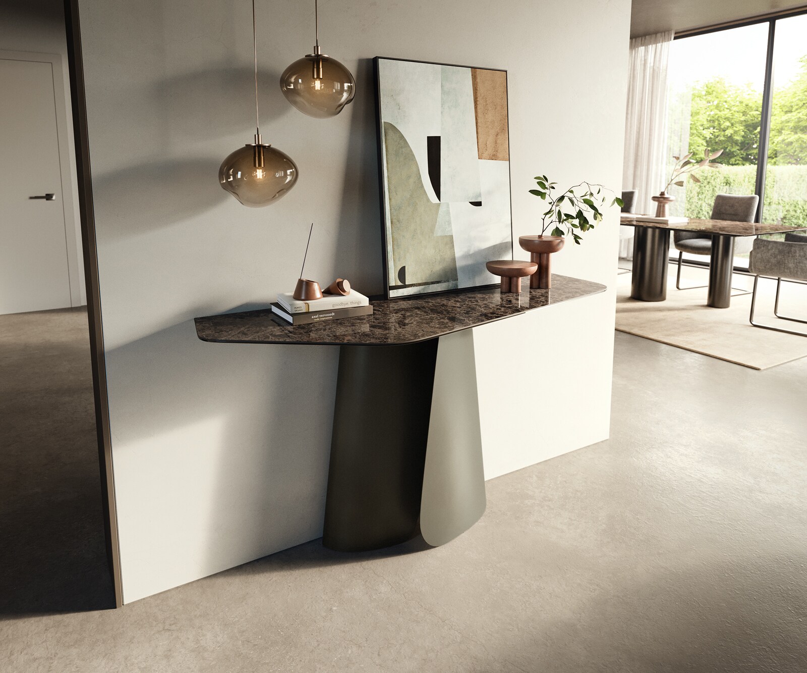 Consoletafel Edge Polygonaal 140x50 cm Keramiek Emperador Extra Lucidato Dunkelbraun Livos Metaal Effektfinish Titan 3