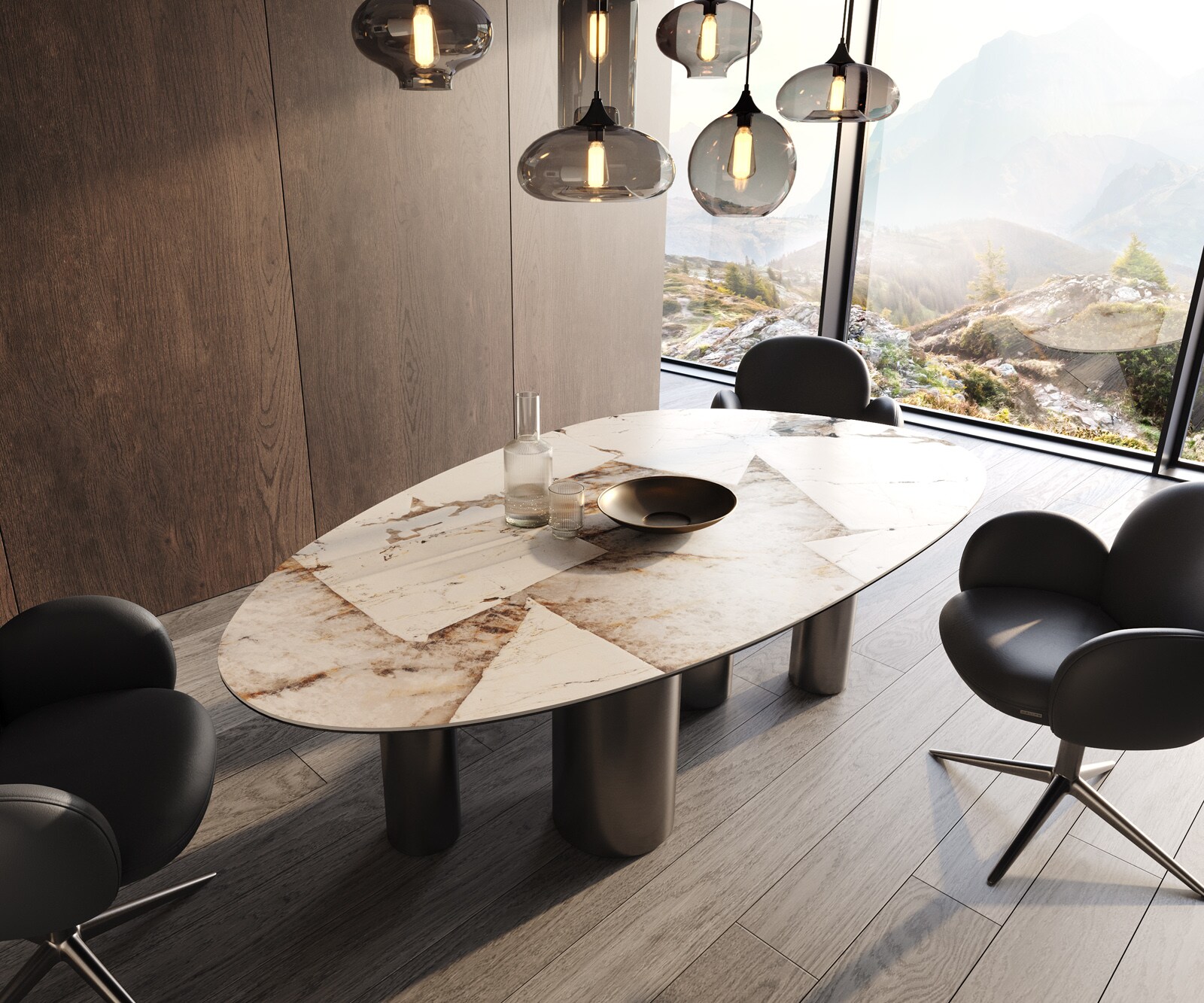Eettafel Edge Oval 220x120 keramiek Iris FMG Patagonia Lappato Pilier roestvrij staal grafiet