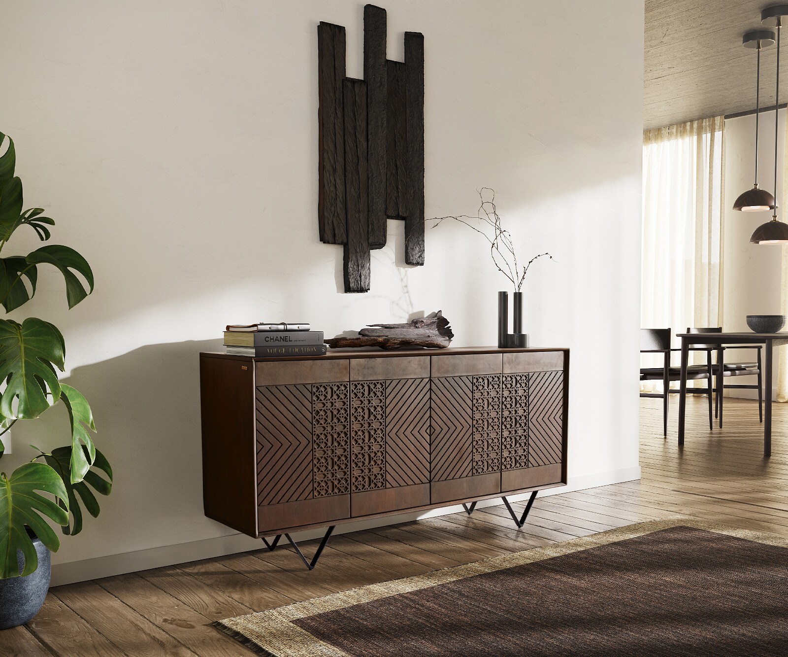 Dressoir Manjula 145 cm mangohout bruin 4 deuren V-poot metaal zwart