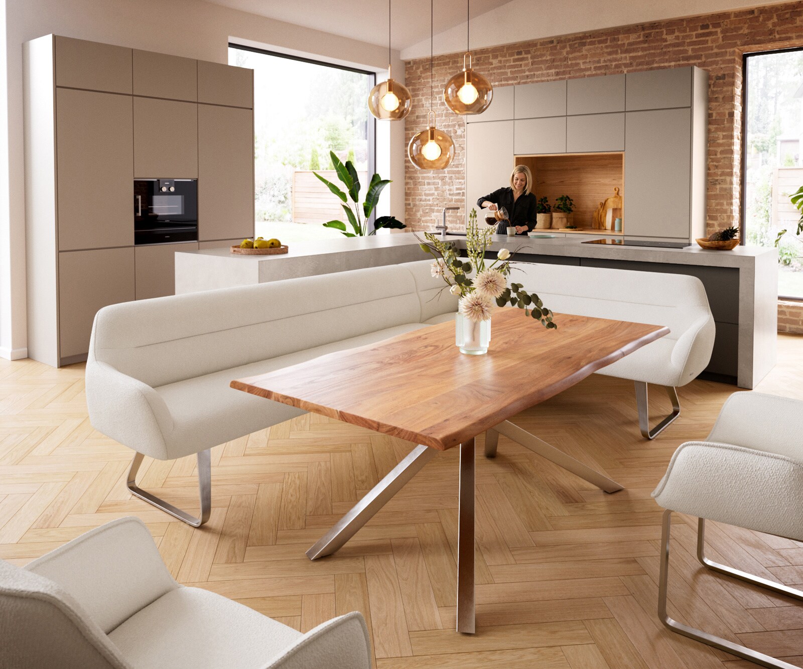 Eetkamerbank Taya-Flex 285x190 cm bouclé crème-wit platte sledebasis roestvrij staal pocketvering links 1