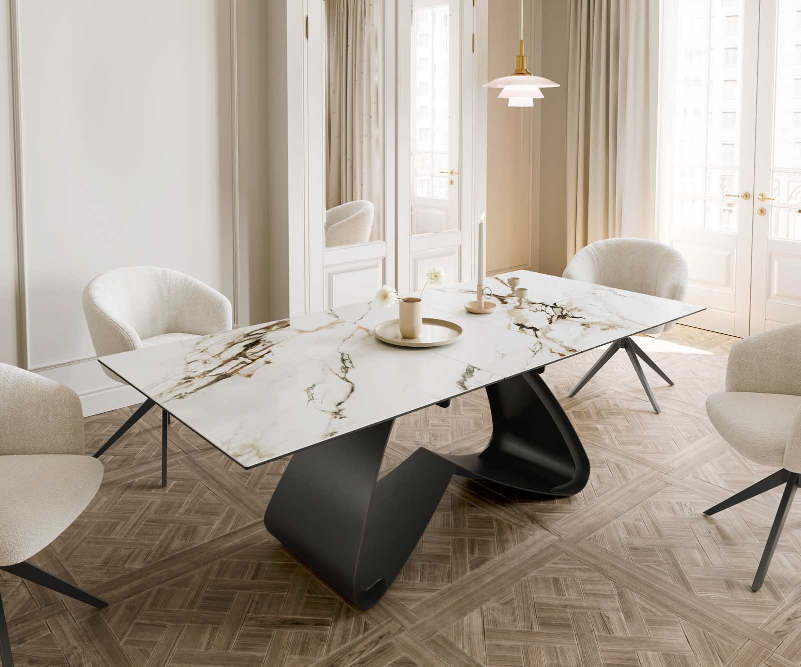 Eetkamertafel Edge 180-220x100 keramiek Calacatta Luxe wit-goud-grijs W-frame zwart uitschuifbaar Eetkamertafel Edge 180-220x100 keramiek Calacatta Luxe wit-goud-grijs W-frame zwart uitschuifbaar