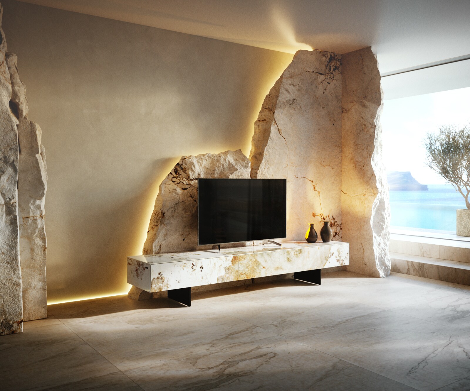 Tv-meubel Cuor 200 cm Keramiek Minas Melange Wit-beige 1 Flap 1 Lade Zwevende voet look Metaal Zwart 1