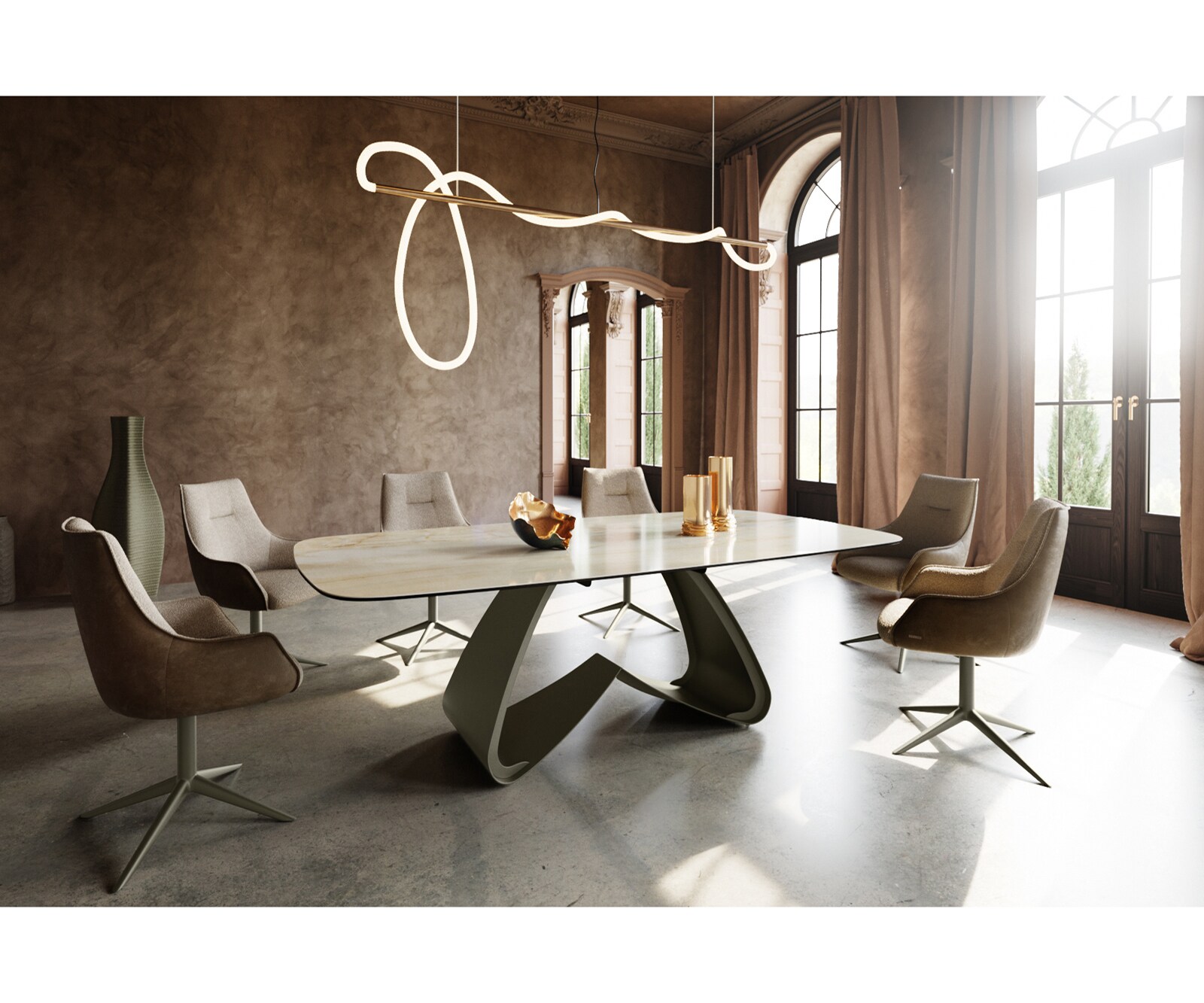 Eetkamertafel Edge Boot 240x120 cm Keramiek Iris FMG Onice Oro W-onderstel Metaal Effectafwerking Titan 6