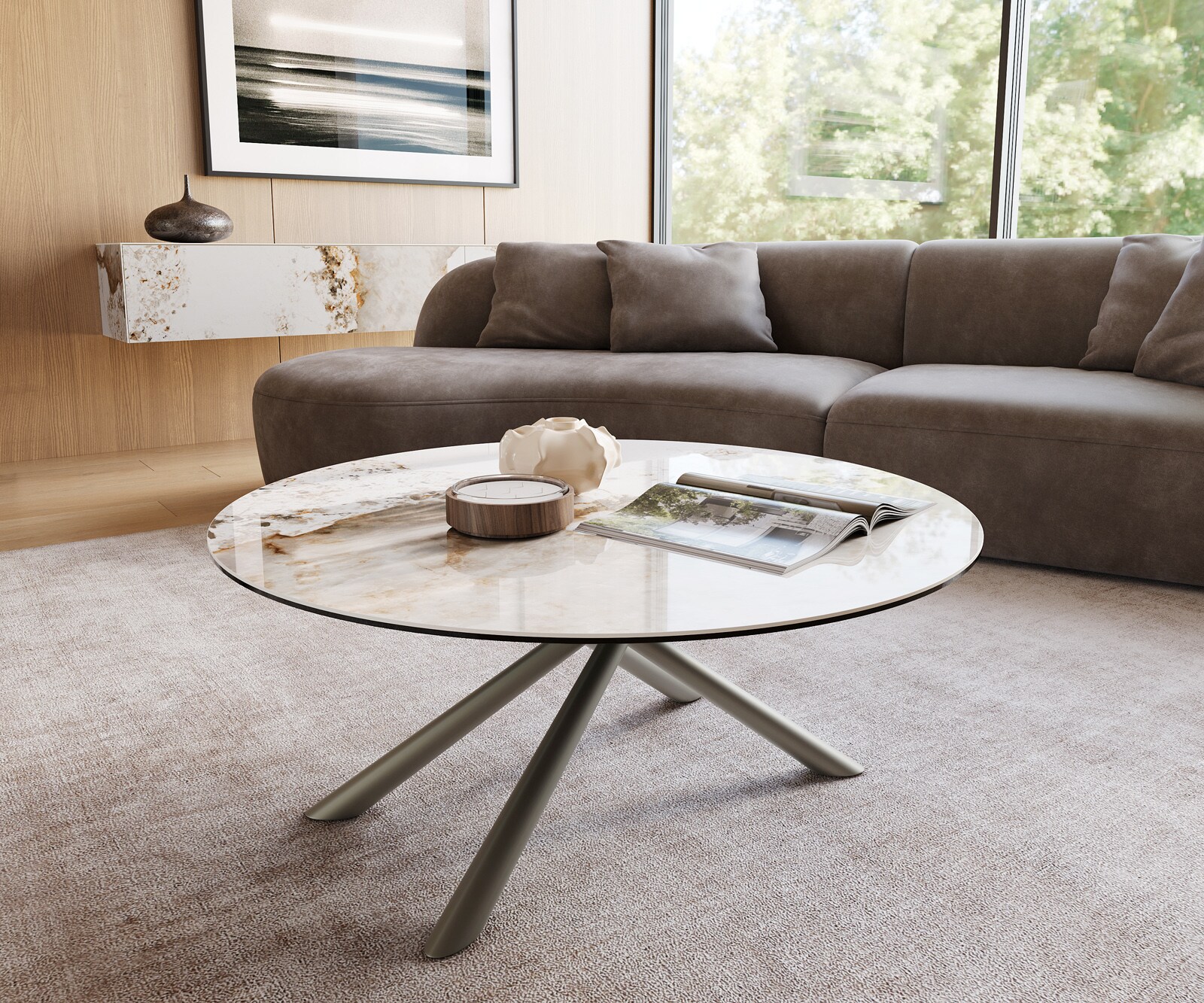 Salontafel Edge rond 100x100 cm keramiek Minas Melange Sarity Metall effectafwerking titaan
