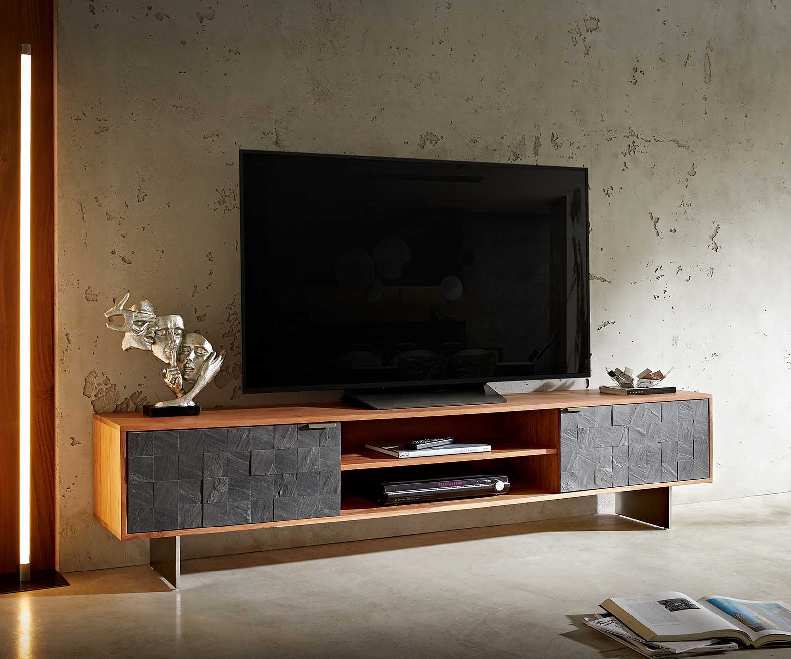 Tv-meubel Teele 200 cm acacia natuurleisteen 2 deuren poot zwevend roestvrij staal