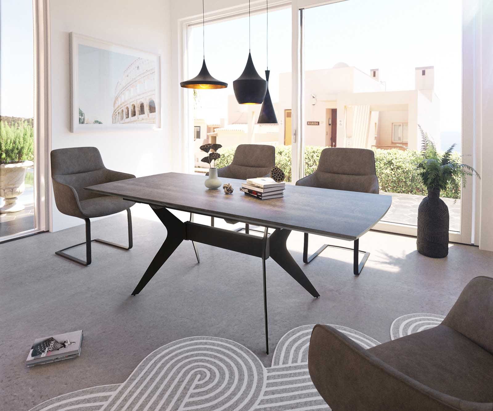 Eettafel Edona 160/200x90 cm keramiek optiek grijs metaal uitschuifbaar