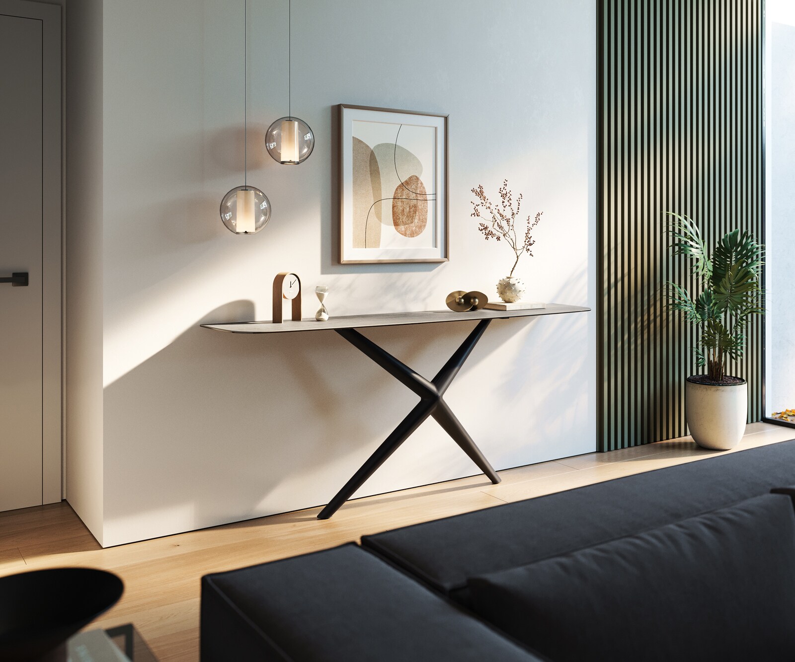 Consoletafel Edge Bootvorm 180x40 cm Keramiek Betongrijs Estelo Metaal Zwart 7