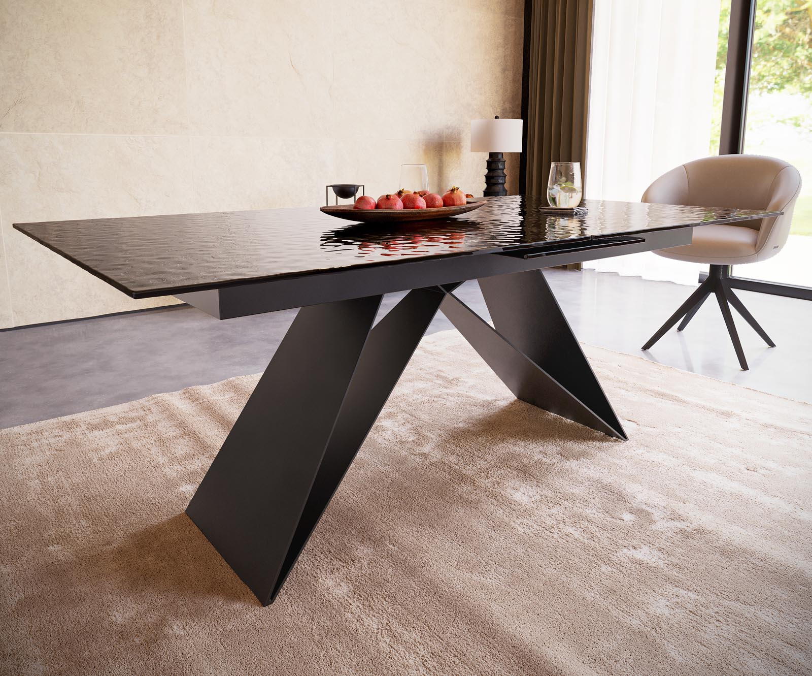 Eetkamertafel Edge 180-220x100 Glas smelten rokerig zwart 3D-Relief V-frame vlak staal zwart uitschuifbaar 4 Eetkamertafel Edge 180-220x100 Glas smelten rokerig zwart 3D-Relief V-frame vlak staal zwart uitschuifbaar 4