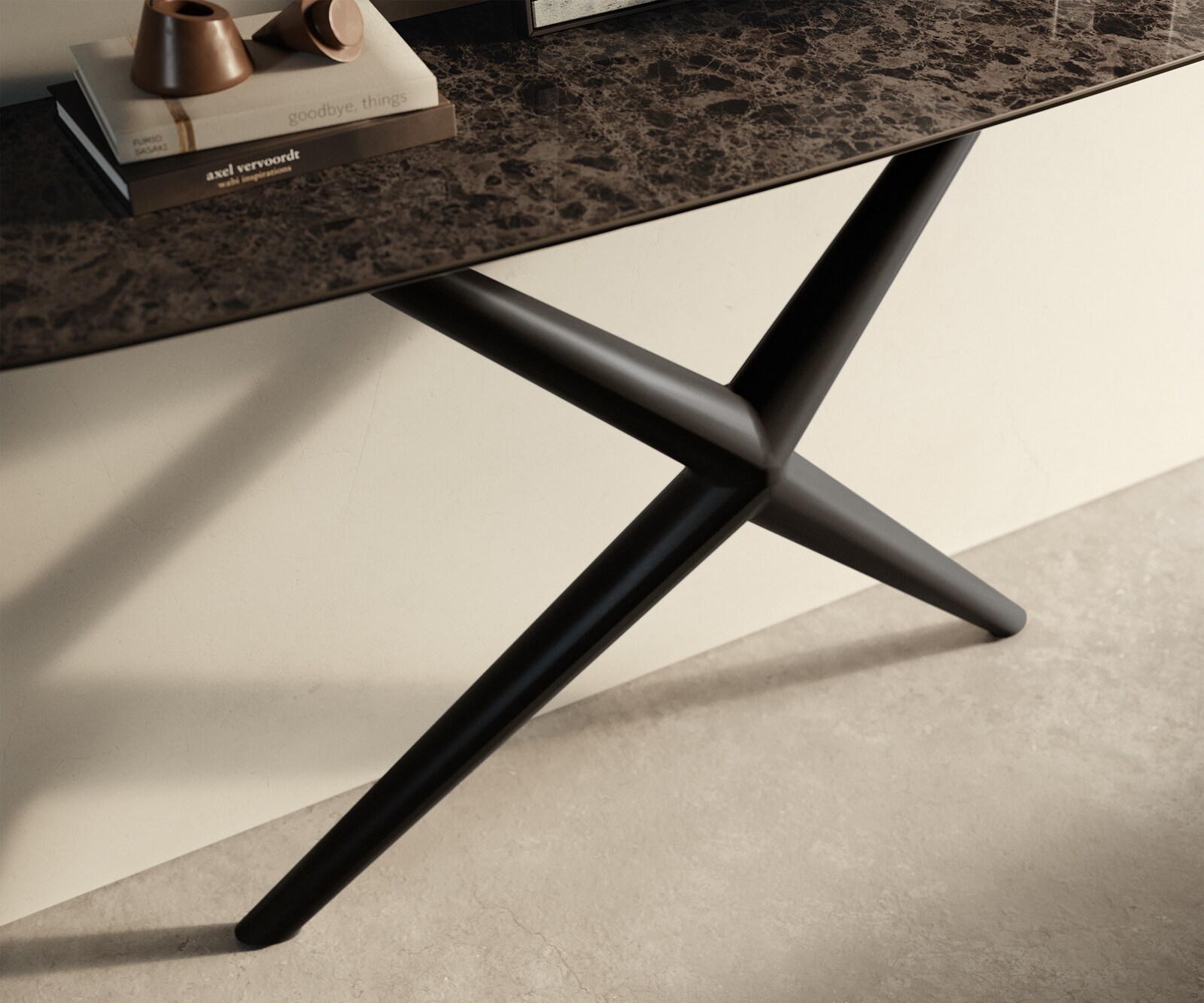 Consoletafel Edge Bootvorm 140x40 cm Keramiek Emperador Extra Lucidato Dunkelbraun Estelo Metaal Zwart 5